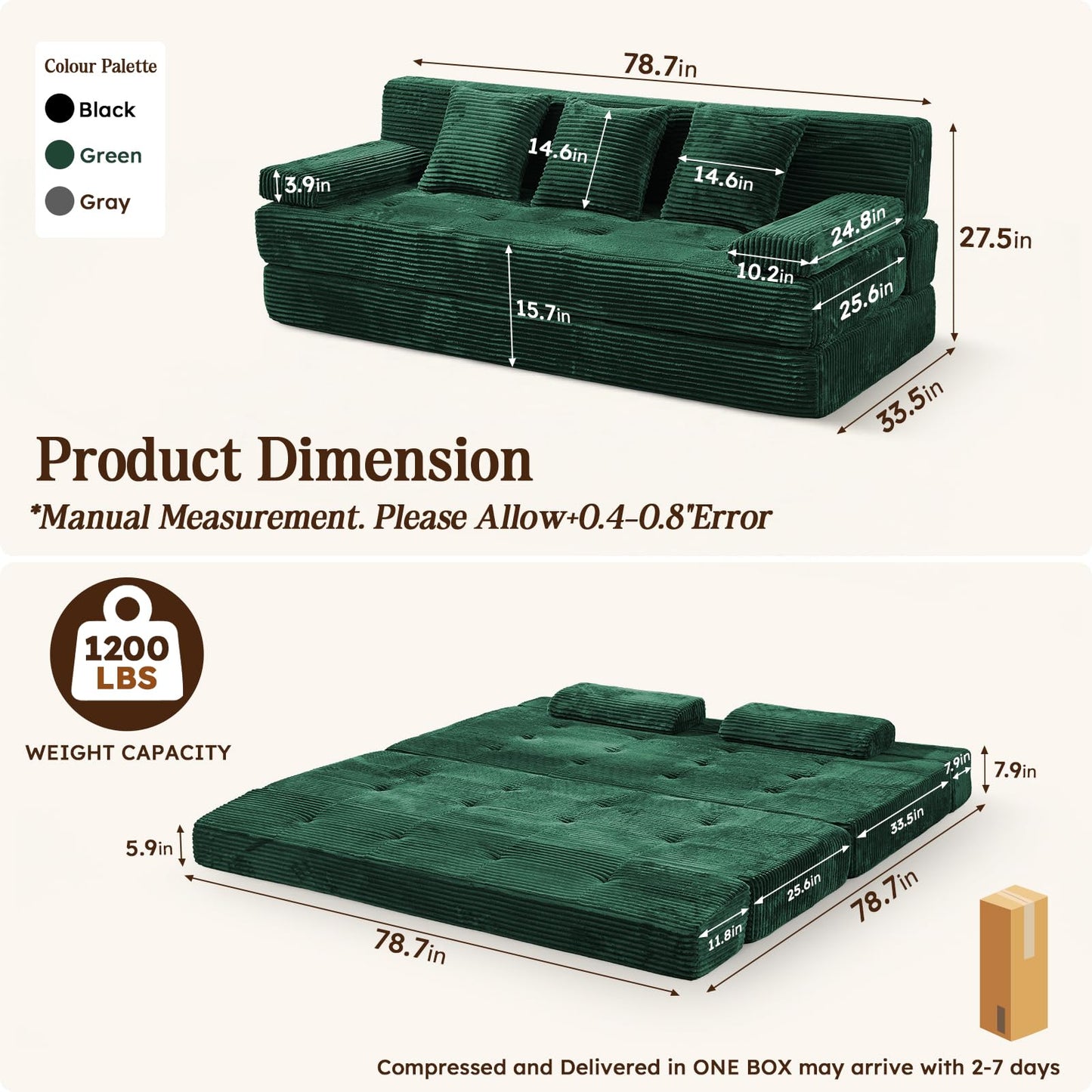 LOOMORA 78.7IN Folding Sofa Bed - Convertible Sleeper Sofa Couch with Removable Pillows, 3 Seater Couches Bed for Living Room, Bedroom, Apartment, No Assembly Required, Freestanding, Corduroy, Green