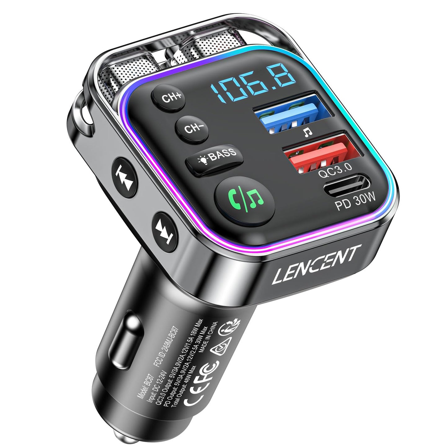 LENCENT Bluetooth 5.3 FM Transmitter Car Adapter 48W (PD30W & QC18W) Fast Charger, Light Switch, HiFi Bass Sound Audio Receiver Wireless Radio MP3 Music Player, Hands-Free Calling, Support USB Drive