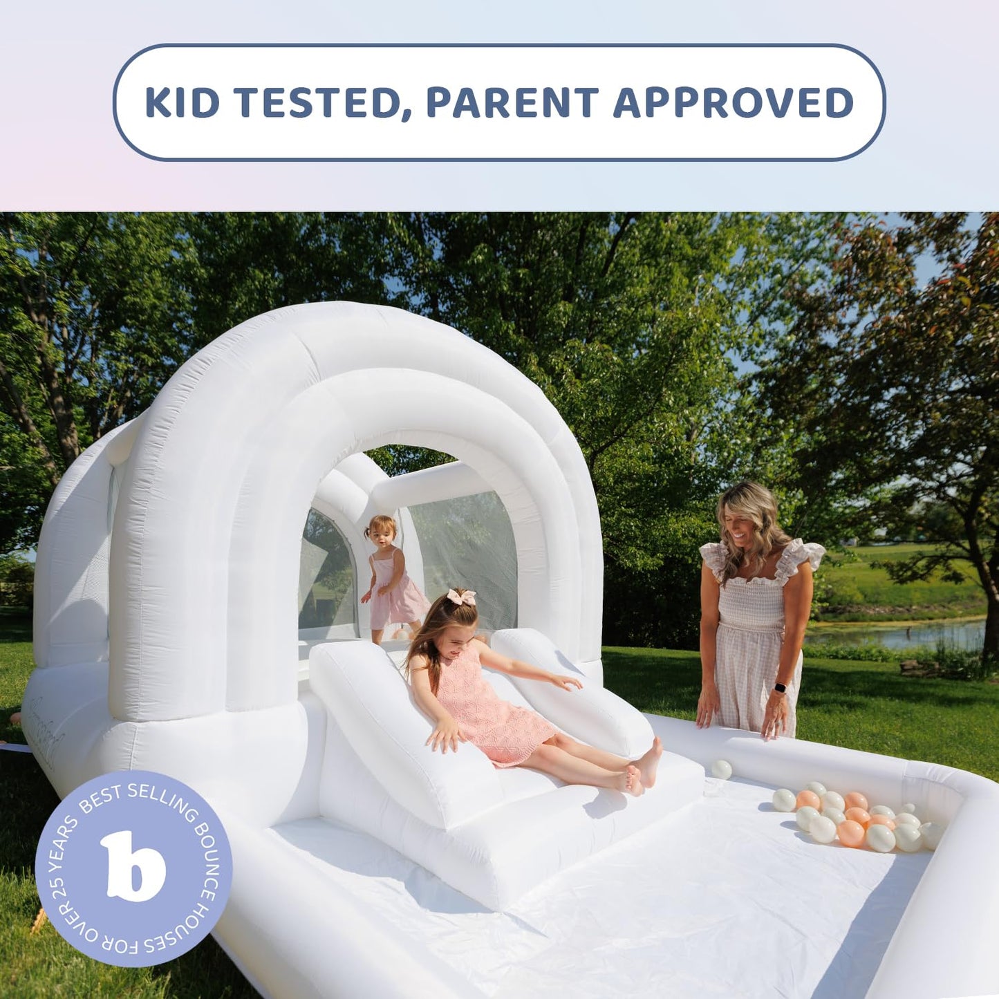 Bounceland Daydreamer Cloud Bounce House w/Ball Pit, Neutral Bouncer with Slide, 11.8 ft L x 6.9 ft W x 5.9 ft H, UL Blower Included, Basketball Hoop, 30 Pastel Plastic Balls, Trendy Bouncer for Kids