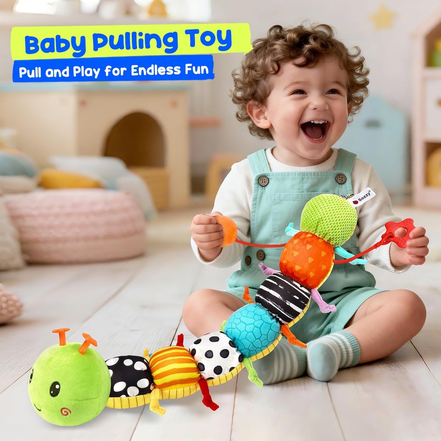 Baby Stuffed Caterpillar Toys for 0-6 6-12 Months, Musical Animal Sensory Toys for Infant 3 6 9 12 18 Months, Tummy Time Toys with Mirror Rattle Crinkle for Newborn Boys Girls Shower Gifts