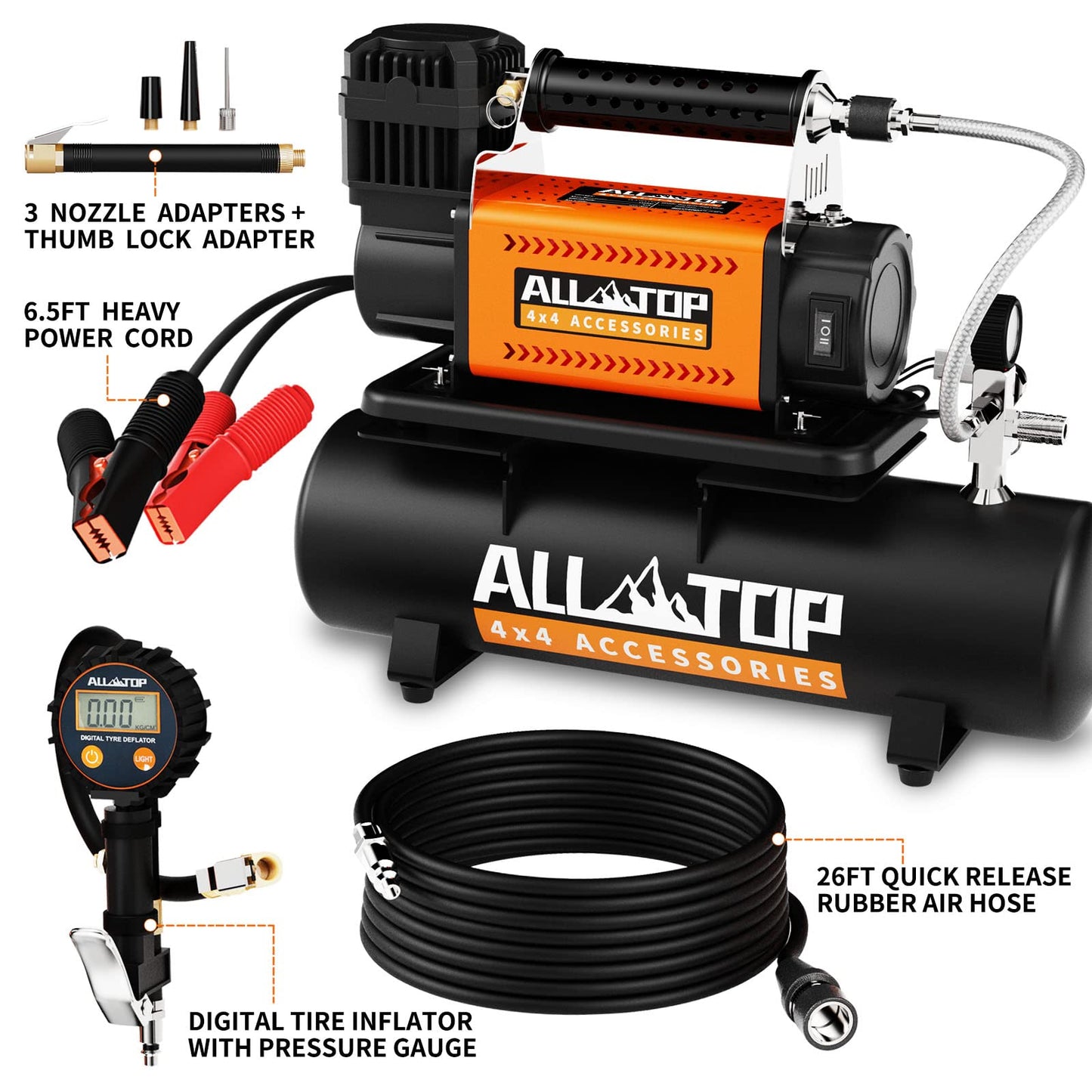 ALL-TOP Air Compressor with 6L Tank Kit,12V Portable Inflator & Oil-Free Steel Tank 6-Liter, Offroad Air Compressor for Truck Tires, Heavy Duty Air Pump Max 150PSI for SUV 4x4 Vehicle RV Tire