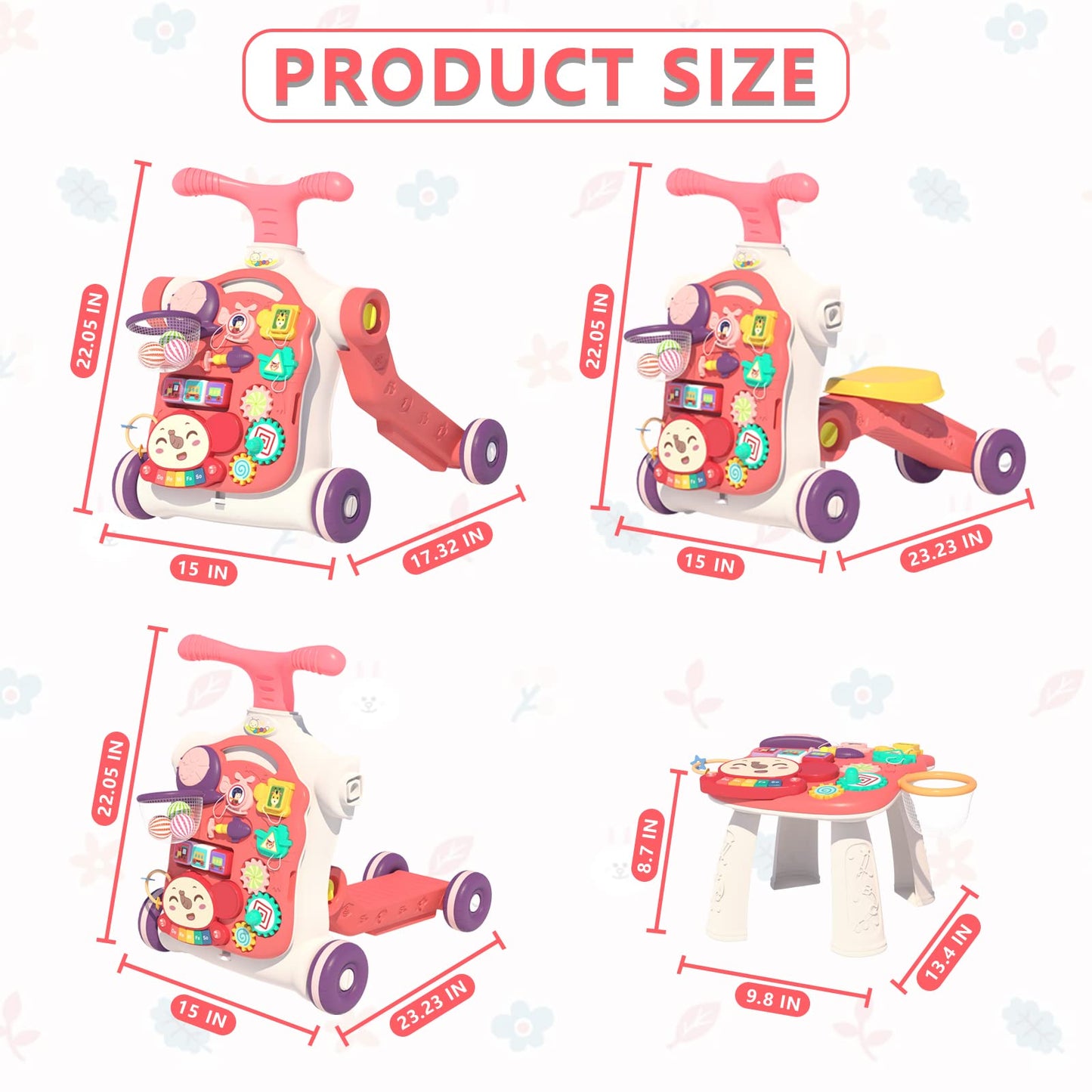 QDRAGON 5 in 1 Walker for Baby Girl, Baby Push Walkers, Assemble as Scooter/Motorbike/Activity Center/Detachable Panel, Walking Toys for Infants 6-12 Months, Red