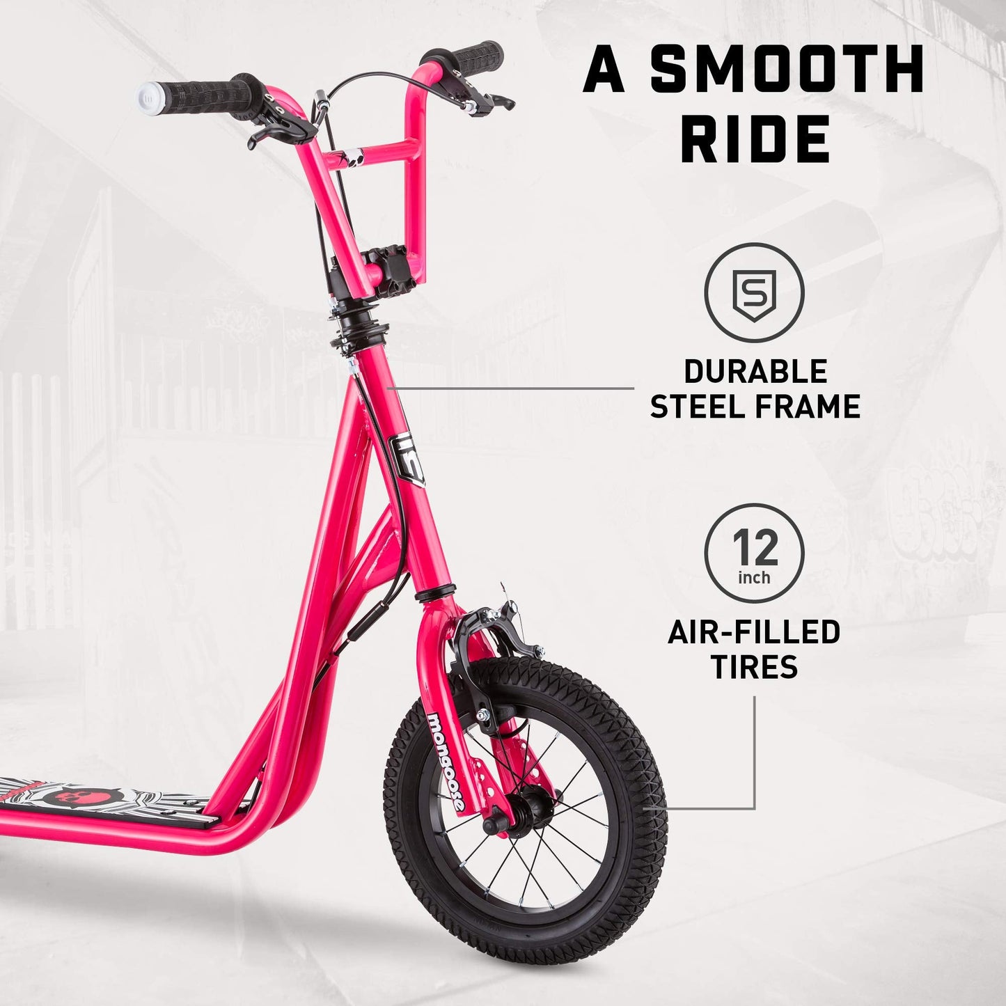 Mongoose Expo Scooter, Ages 6+, 12-Inch Air-Filled Wheels, BMX-Style Handlebars, Steel Frame, Wide Foot Deck, Axle Pegs, Freestyle Gyro Brake Rotor, Kick Scooter for Boys and Girls