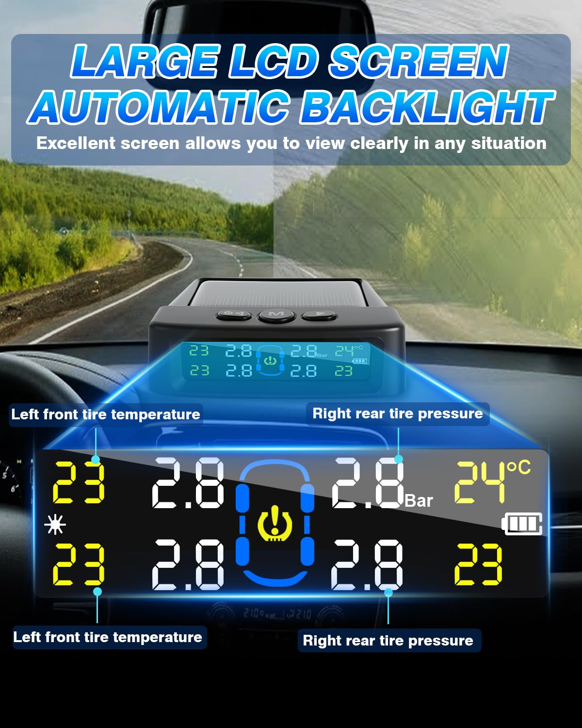 Tire Pressure Monitoring System,RV Tire Pressure Monitor System with Solar Charge or USB, Tire Monitoring System with 4 Sensors & 6 Alarm Modes Real-Time Display for SUV Mpv Rv Tpms Sensors Set of 4