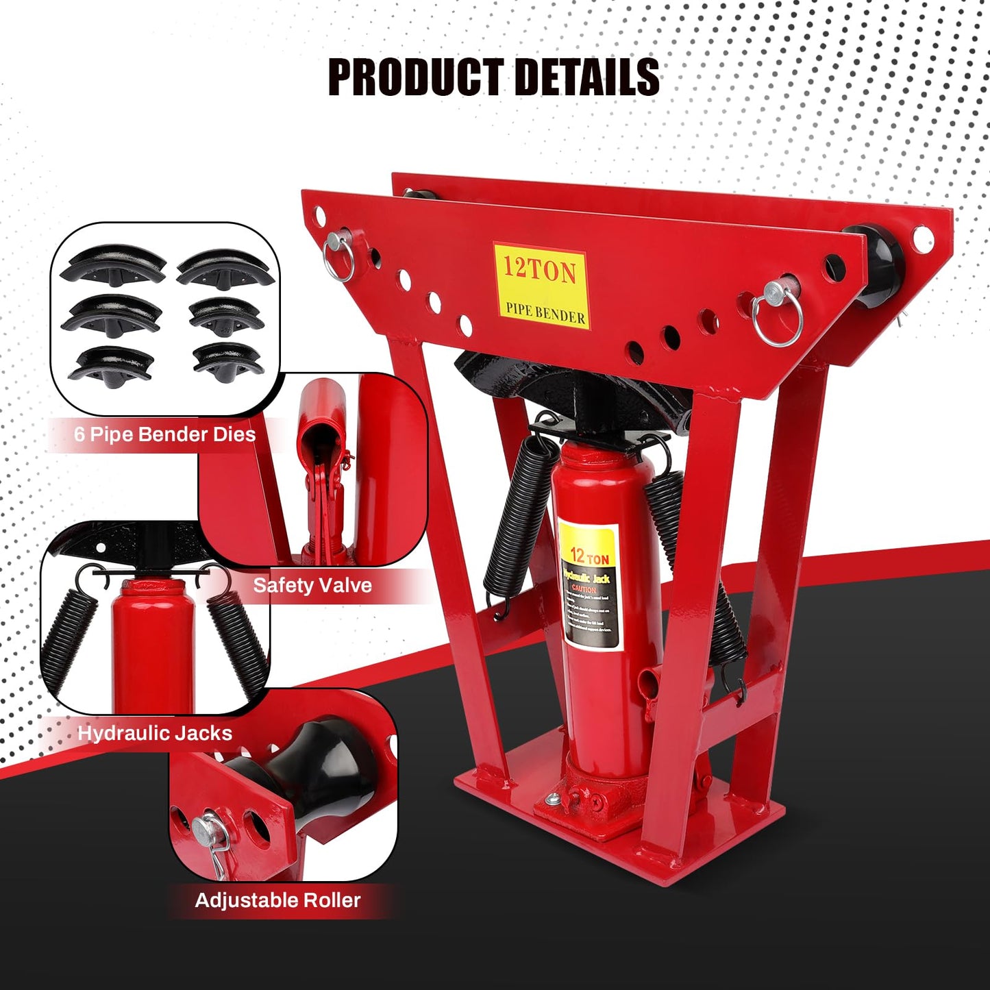 12 Ton Hydraulic Pipe Bender 6 Dies, Manual Copper Tubing Bender Tool 90°-180° Adjustable Rollers Steel Iron Metal Ratcheting