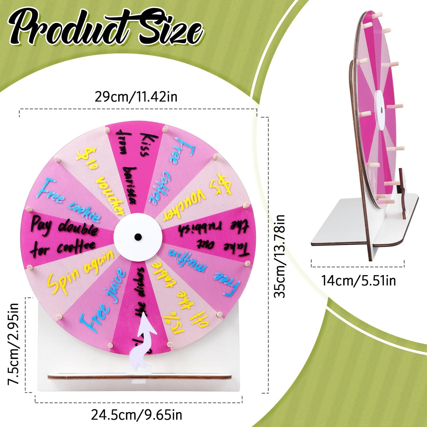 Memorywuu 11.4 Inch Spinning Wheel Erasable Raffle Spin the Wheel Game with Stand and Arrow Wooden Prize Tabletop Spinner Raffle Roulette for Wedding Family Bridal Party Baby Shower Games(Pink)