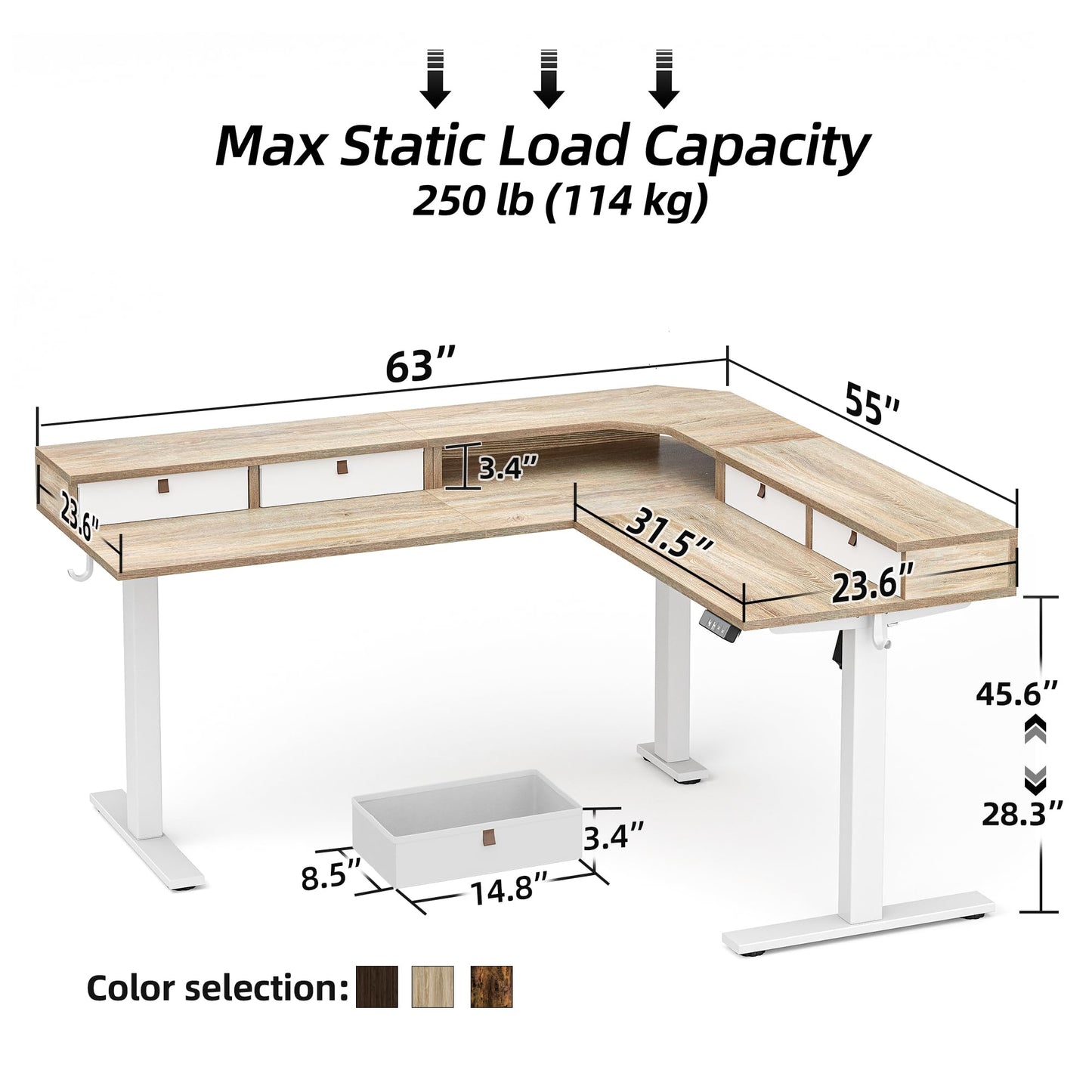 TIQLAB L Shaped 63 x 55 inch Standing Desk Adjustable Height, Electric Corner Standing Desk with 4 Drawers and Upper Shelf, Sit Stand Computer Table with Splice Board, Maple