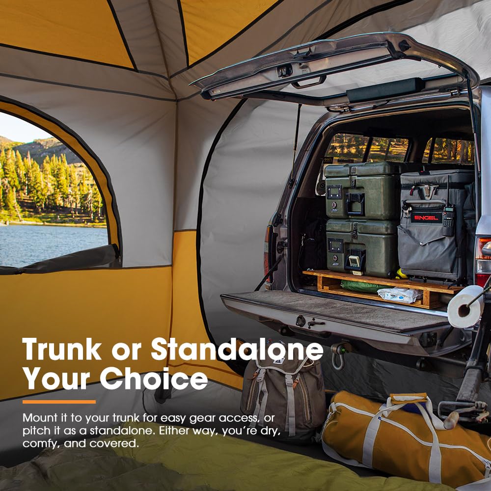 SanHima SUV Tent for Camping with Rainfly - 2 Door Design Waterproof PU3000mm Double Layer SUV Tailgate Tent for Van Jeep CUV Model Y, 10'L x 9'W x 6.6'H, Up to 6 Person, Orange & Gray