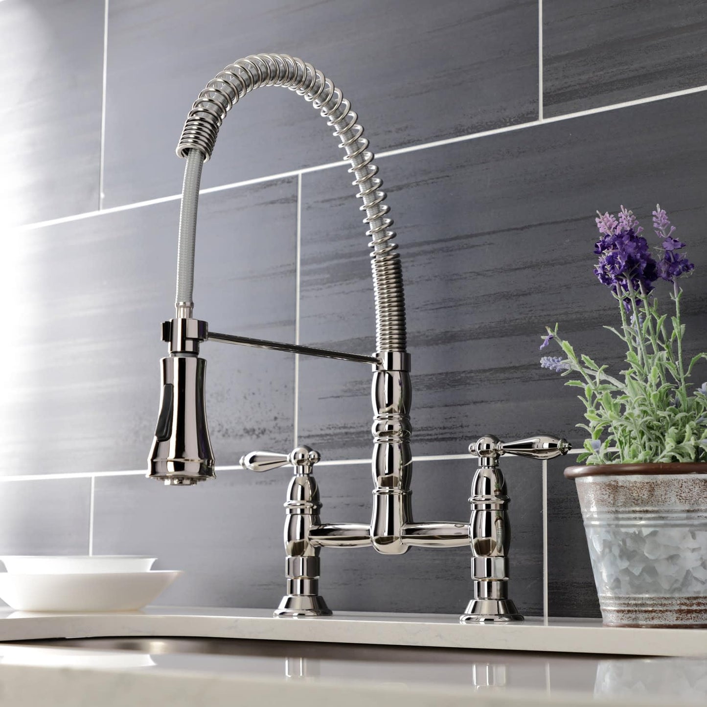 Gourmetier GS1271AL Heritage Two-Handle Deck-Mount Pull-Down Sprayer Kitchen Faucet, Polished Chrome