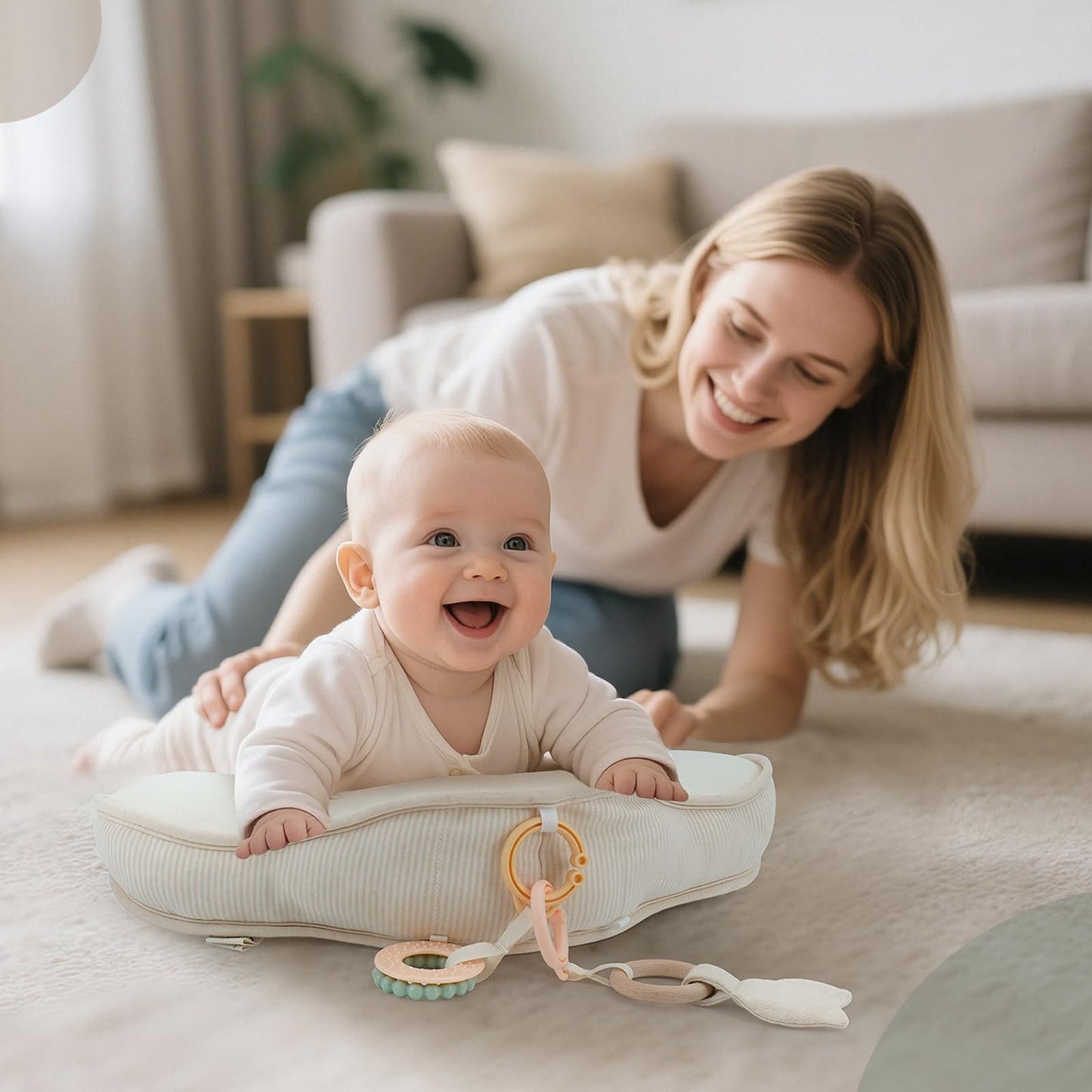 COTTONBEBE Organic Baby Tummy Time Cushion with 2 Detachable Toys for Newborn Babies,Soft Cotton Tummy Time Pillow Promotes Development, Ergonomic Design,Ideal Baby Gift