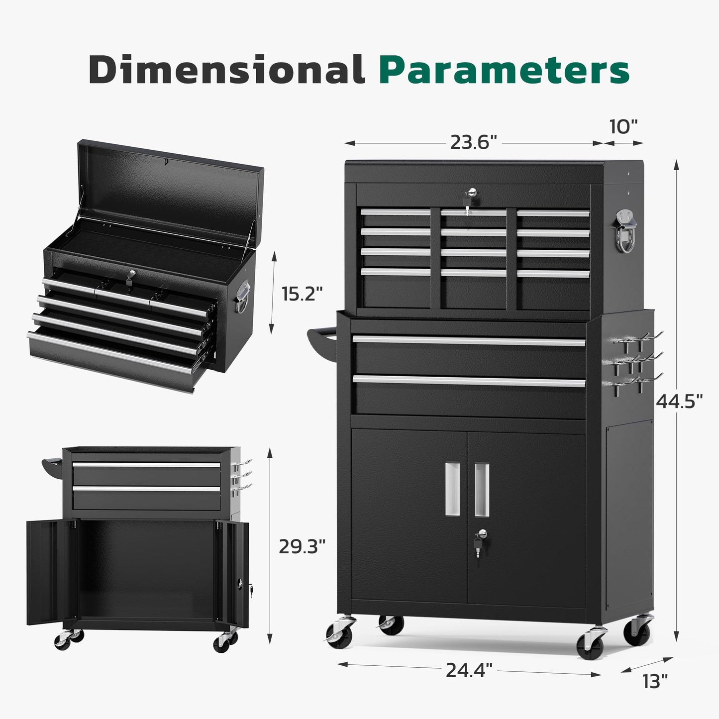 Greenvelly Metal Tool Chest,8-Drawer Rolling Tool Cart with Wheels,2 in 1 Detachable Tool Cabinets,Tool Box,Liners and Locking System for Garage,Warehouse,Workshop, Barbershop(Black)