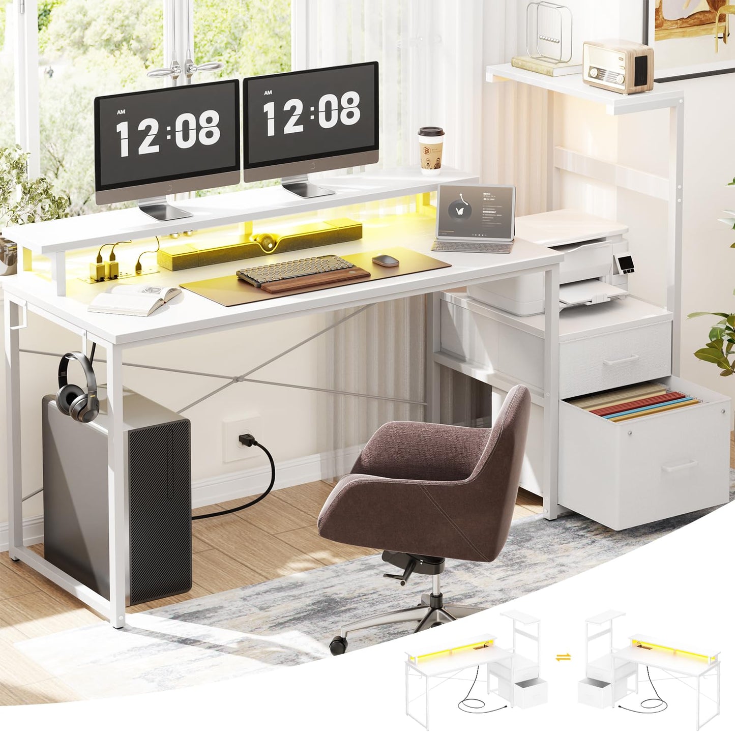 Aheaplus Gaming Desk with LED Strip & Power Outlet, 59Inch Reversible Computer Desk with Monitor Stand & Storage Shelves, Home Office Desks with Fabric File Drawer, Gamer Table PC Desk, White