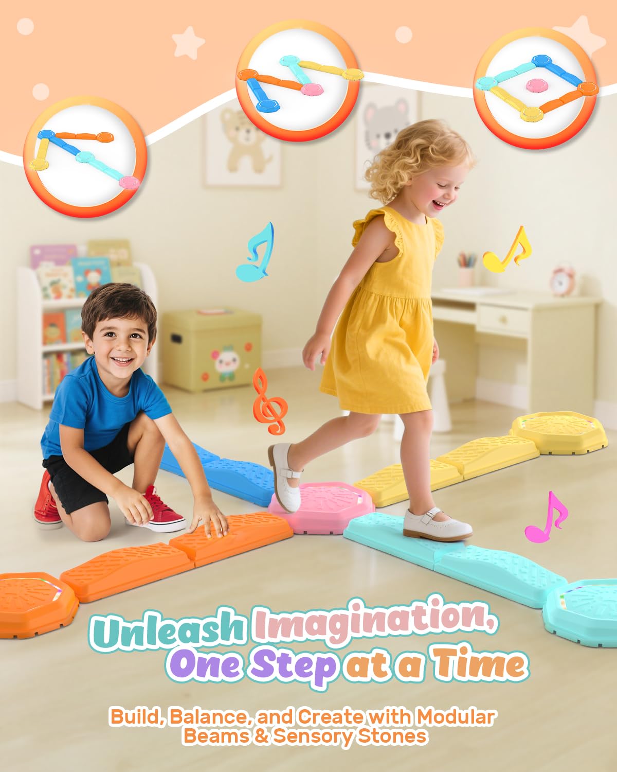 Holyton Light Up Stepping Stones for Kids with Music, 13PCS Balance Beam and Stepping Stone Set, Toddler Balance Beam Obstacle Course, Non-Slip Sensory Toys for Toddlers 3-8, Indoor Outdoor Play