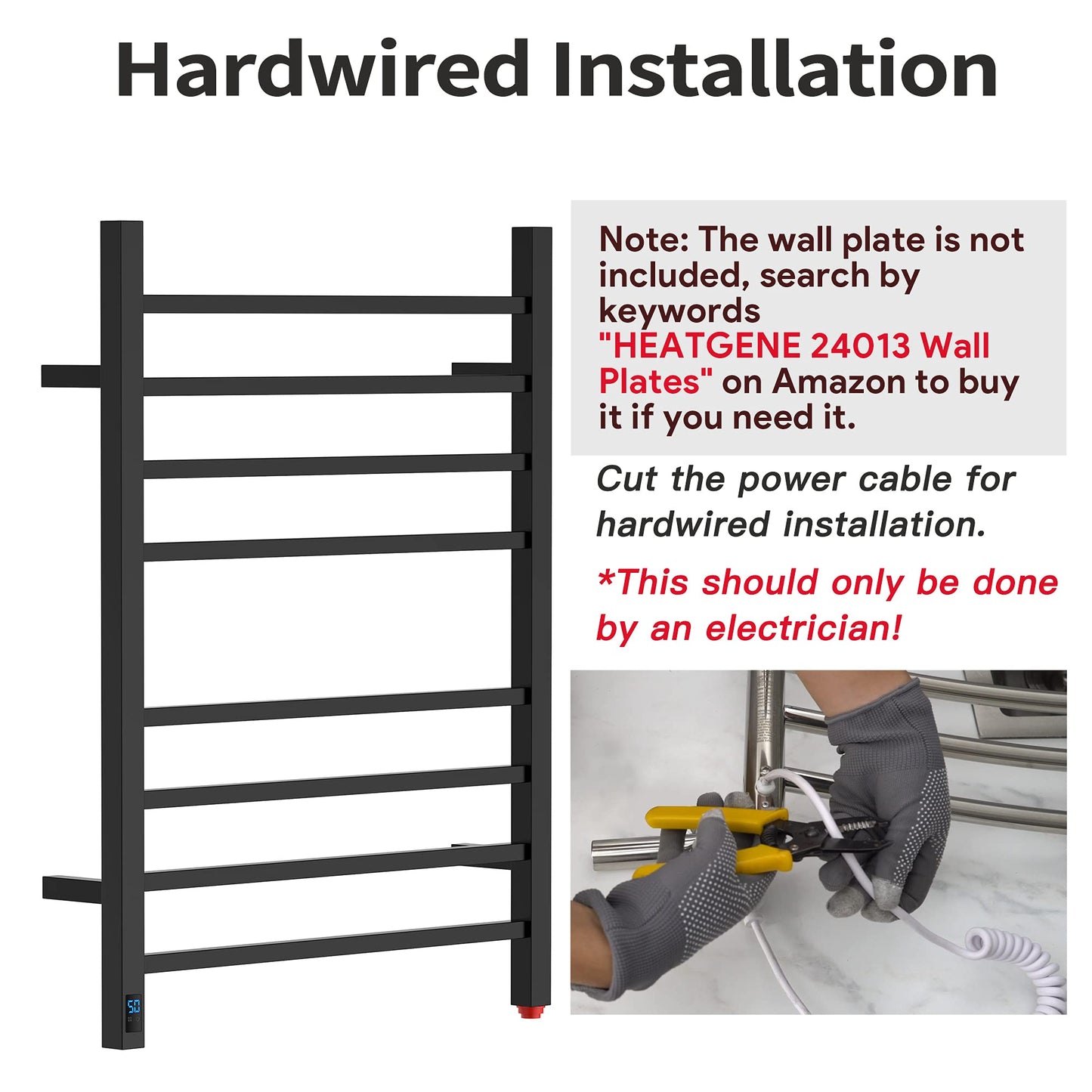 HEATGENE Towel Warmer with Timer and Temperature Control, Electric Towel Warmer with 8 Square Bars, Wall-Mounted Electric Towel Rack with 8 Square Bars, Plug-in/Hardwired Towel Rails - Matte Black