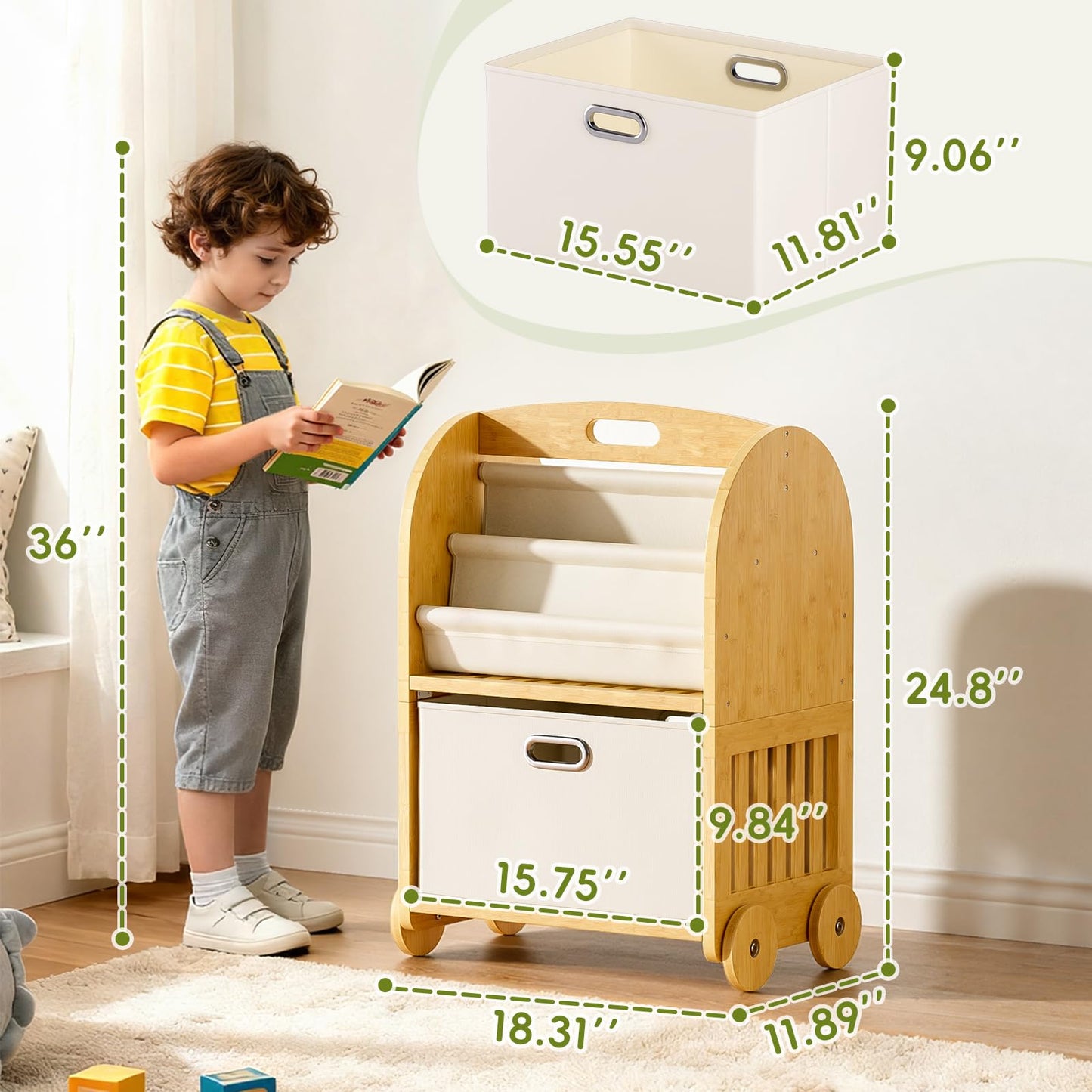 EZ2LIVE 2-Sided, 3-Tier Bamboo Kids Bookshelf, Montessori Shelf with Safe Wheels and Large Storage Drawer, Toddler Bookcase Nursery Book Shelves and Toy Storage for Baby Rooms Playroom Kindergarten