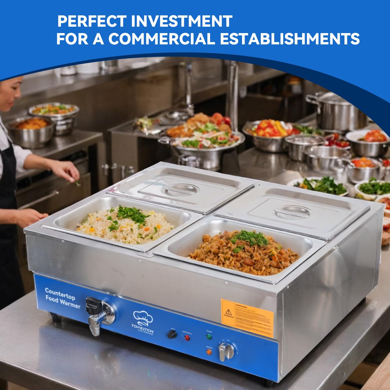 TOPKITCH 4 Pan Commercial Food Warmer,Electric Countertop Bain Marie Stainless Steel Buffet Steam Table for Catering and Restaurants(4×1/2 GN Pan,120V/1700 Watts