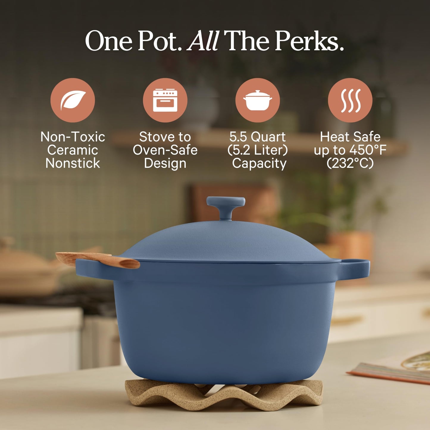 Our Place Perfect Pot | 5.5 Qt Ceramic Pot with Lid & Spatula | Patented 8-in-1, PFAS-Free Nonstick, Non-Toxic Cookware | Induction & Oven-Safe up to 450°F | Blue Salt