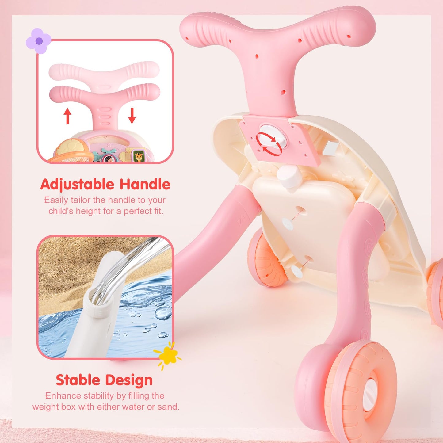 AuntyFey Baby Walker, 3 in 1 Push Walker for Baby Girls Boys, Baby Walking Toy for 1 Year Old Learning to Walk, Sit to Stand Baby Walker Push Toy for Girl 12 Months, Pink