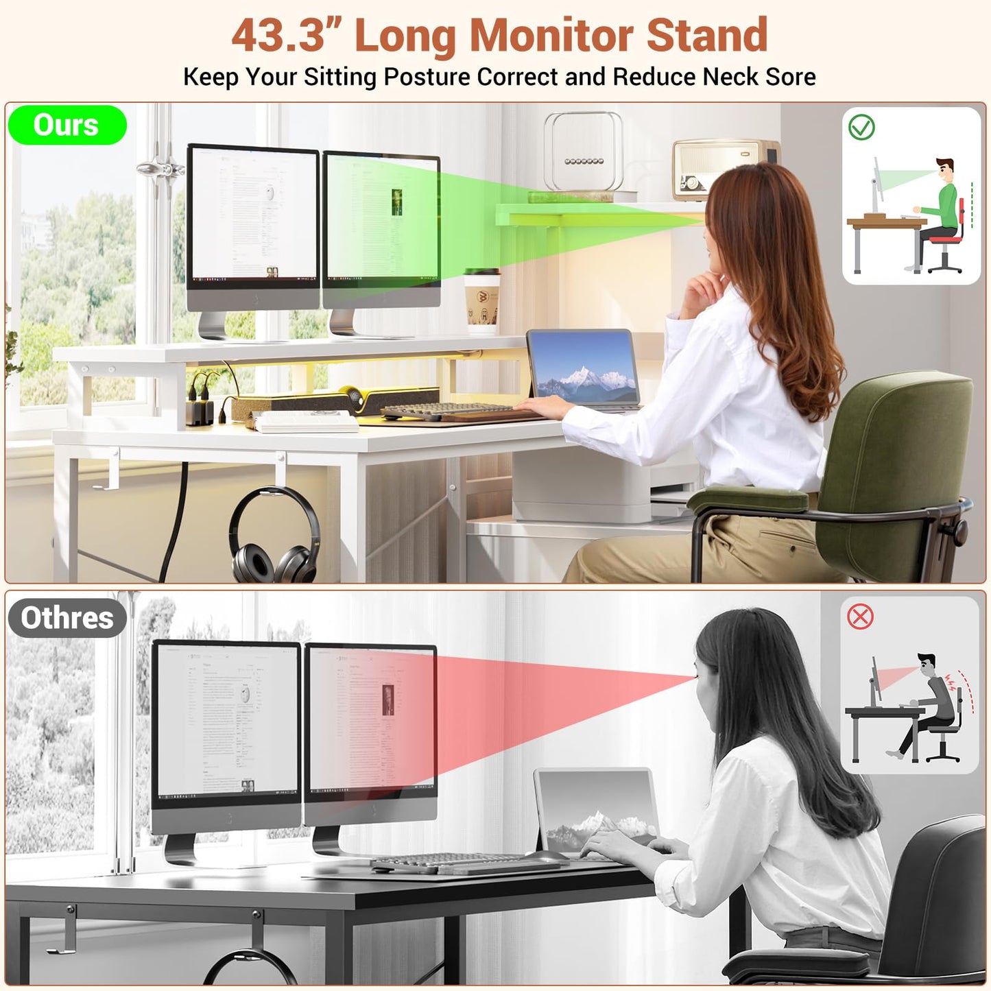 Aheaplus Gaming Desk with LED Strip & Power Outlet, 59Inch Reversible Computer Desk with Monitor Stand & Storage Shelves, Home Office Desks with Fabric File Drawer, Gamer Table PC Desk, White
