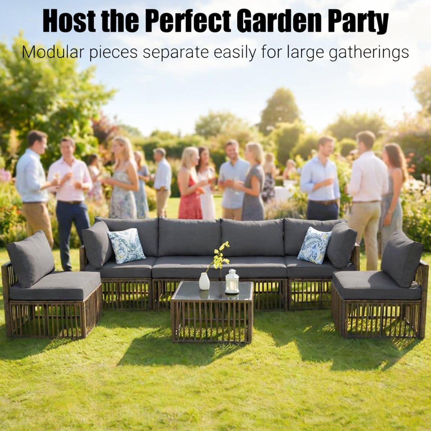 7-Piece Outdoor Patio Furniture Set, Modern PE Rattan Sectional Sofa with Adjustable Chaise Lounge & Glass Table, Modular All-Weather Wicker Conversation Set for Backyard Poolside Porch (Brown-Gray)