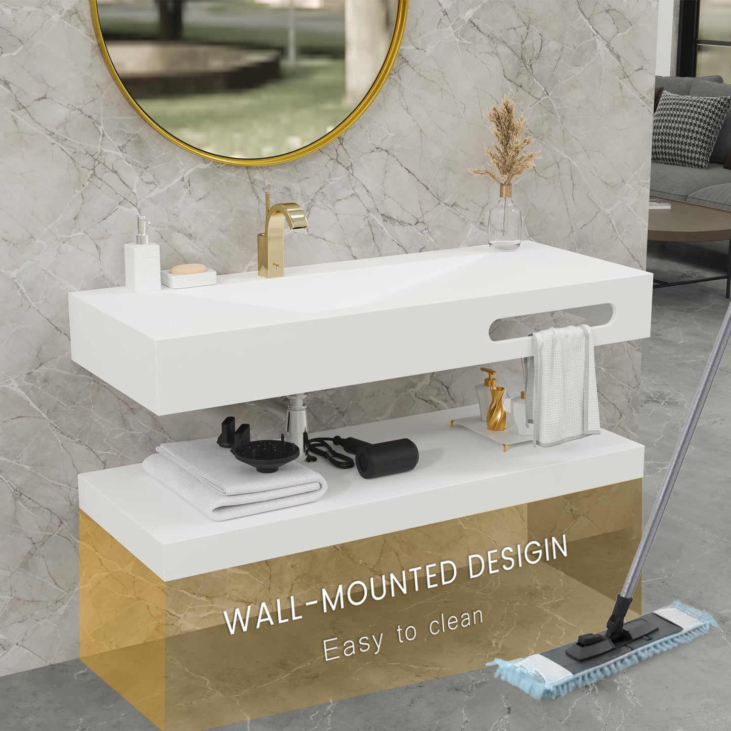 QJ&XY Resin Bathroom Sink 48" Wall Mounted V-Shaped White Basin with Towel Rack, Floating Vanity Sink in Soft-Touch Finish (Double Tier)