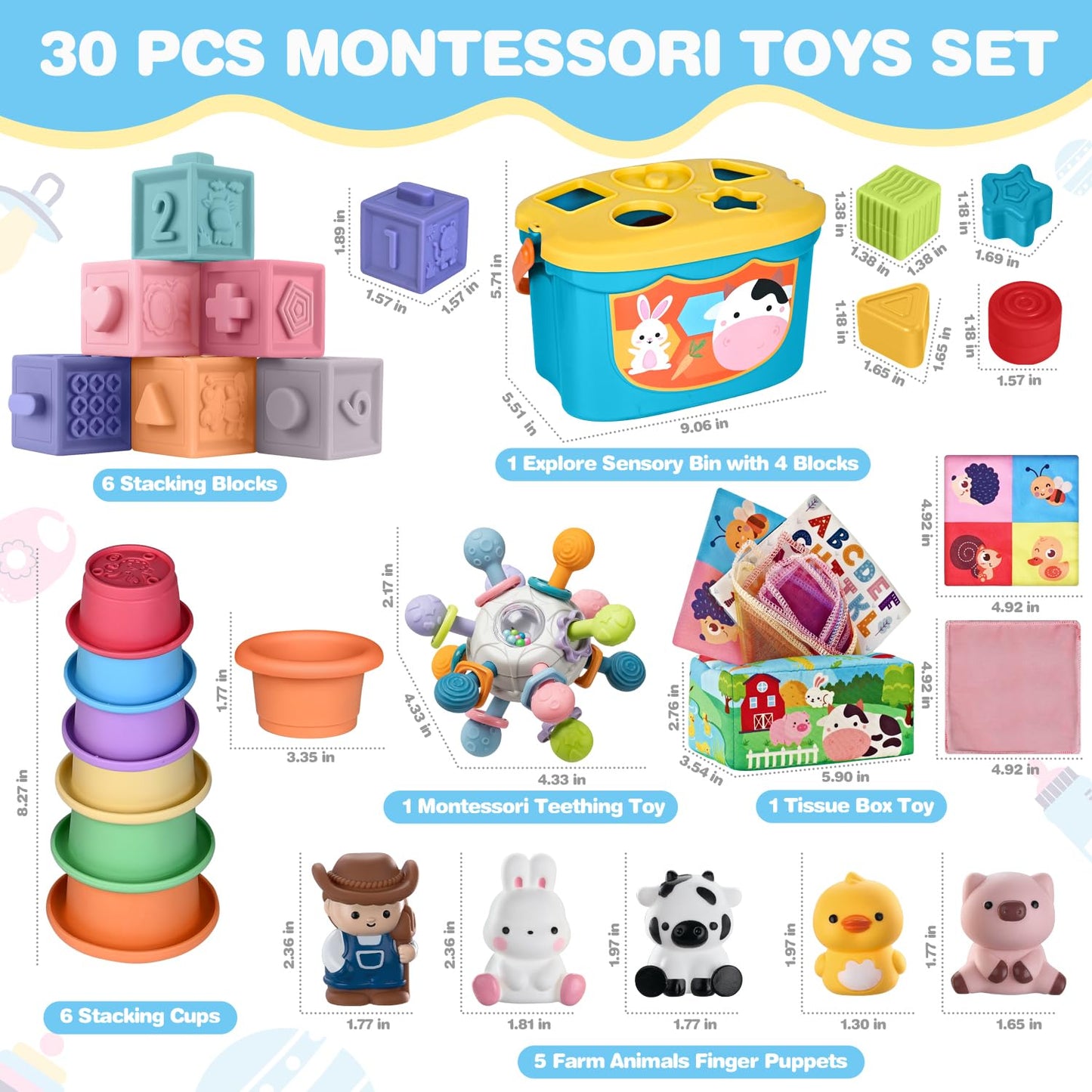 6 In 1 Baby Toys, 6-12 months Baby Toys, 0-6 12-18 Montessori Toddler Gifts For Toddlers, Farm Animals Playset & Teething & Stacking Building Block Cup & Tissue Box & Sensory Bin For Development