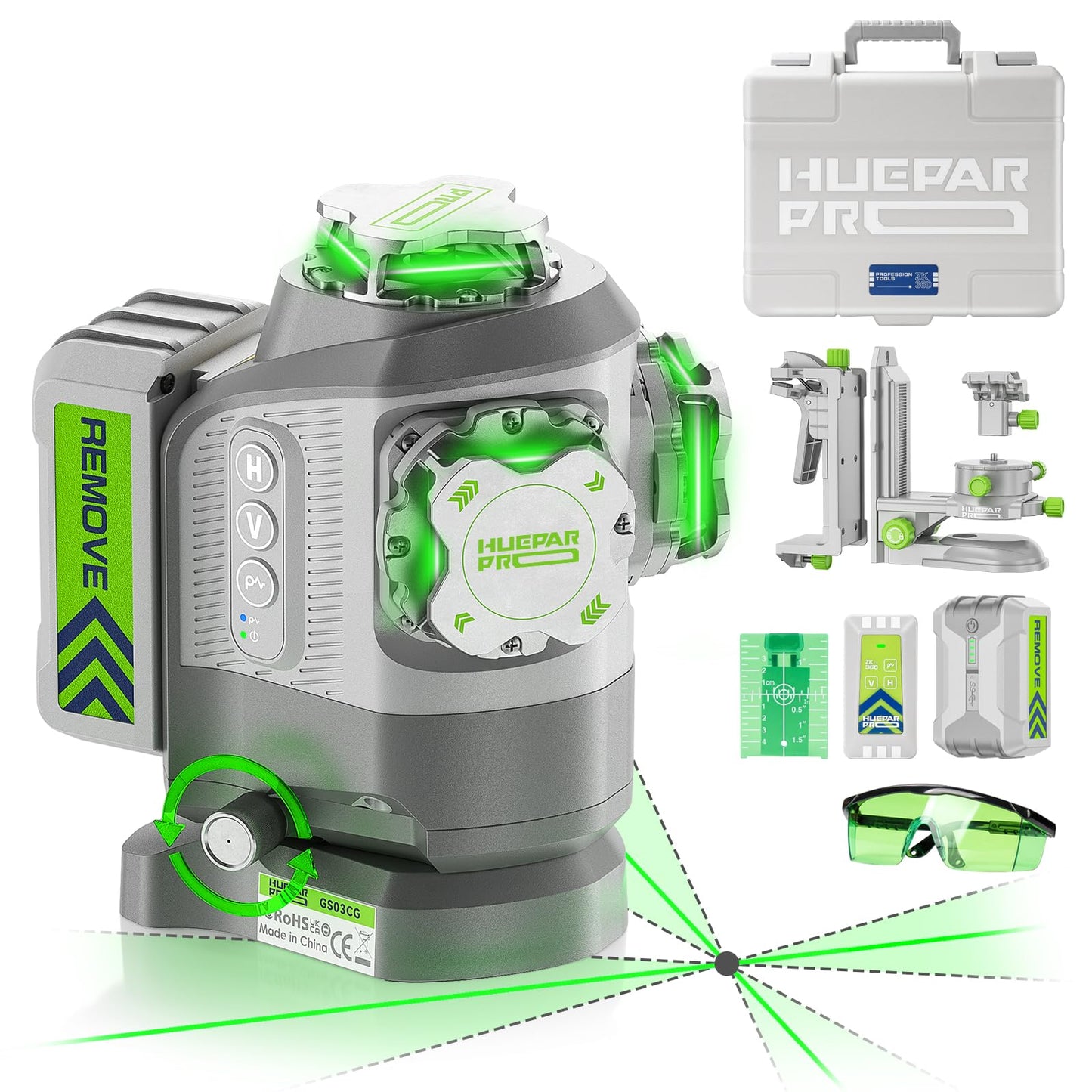 Huepar Pro 2026 New Outdoor Laser Level 360 Self Leveling with Fixed-Point Pivot Alignment, 3x360 Green Lazer Leveler Tool-Remote Control&8000mAh Li-ion Battery, 1/13" Accuracy for Construction GS03CG