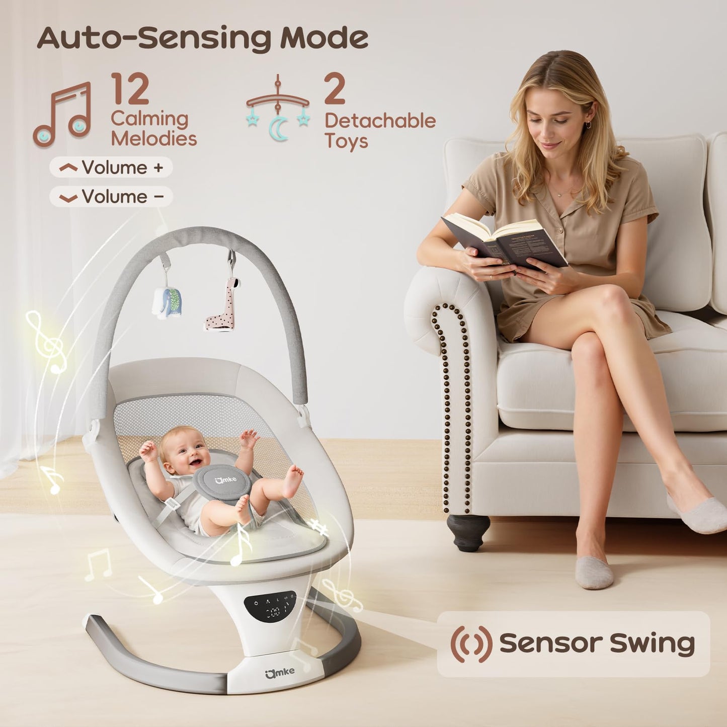 AMKE Electric Baby Rocker Swing for Infants, Extra-Large Mesh Seat, Portable 5-Speed Baby Rocking Chair with 3 Timers & 12 Lullabies, for Baby Boy Girl Shower Gifts, Lightweight for Outdoor Use