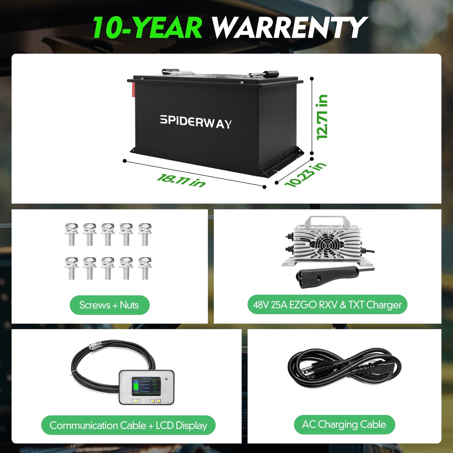 48V Lithium Battery Golf Cart, 48V 105Ah Golf Cart Battery for EZGO RXV&TXT with 25A Charger, Built-in 200A BMS and Bluetooth, Touch Screen & Mobile App, 6000+ Cycles, Max 10.24kW, Peak Current 600A