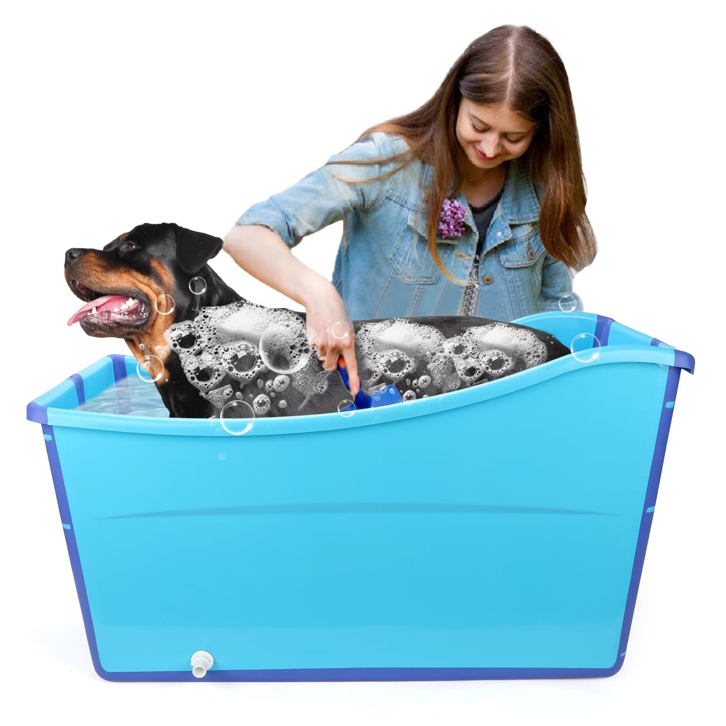 YUEPET Extra Large Foldable Dog Bath Tub for Large Dogs, 49 Gal Portable Dog Bathtub Lightweight Hightened Pet Wash Station with Drain Plug for Big Dogs Indoor/Outdoor Bathing, Camping (Blue)