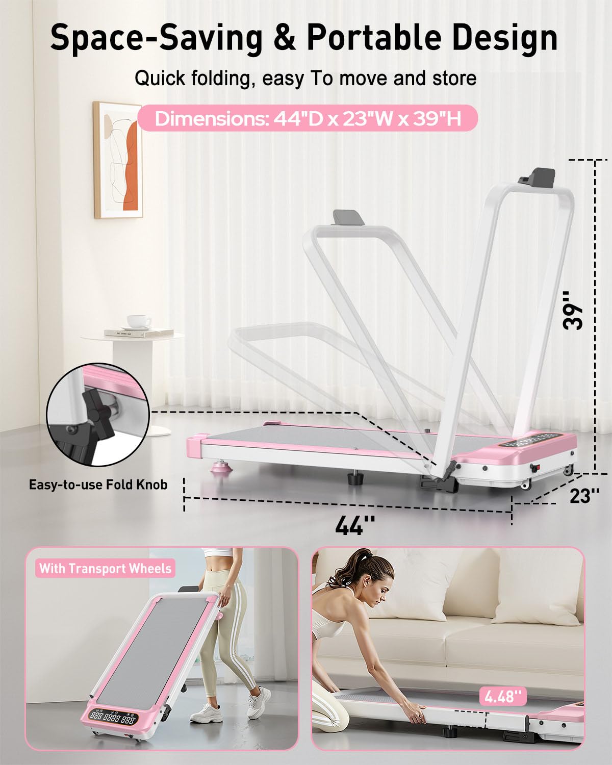 Foldable Treadmill with 10% Incline, Upgrade 3.5HP Low Noise Walking Pad Treadmill with Handle Bar, Trisomy 4 in 1 Portable Under Desk Treadmills for Home/Office, 350Lbs Capacity, APP & Remote Control
