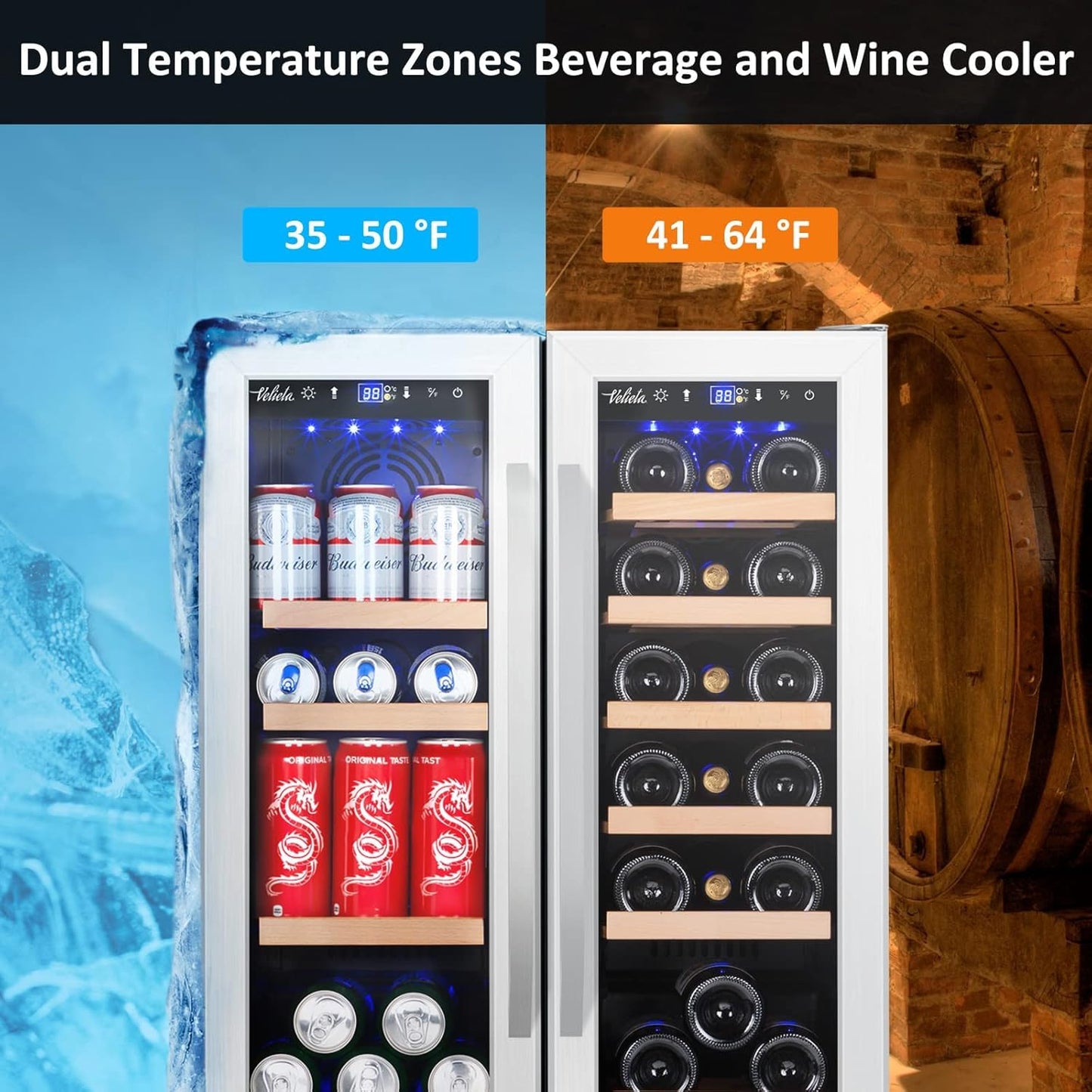 Velieta Wine and Beverage Refrigerator, 24 Inch Dual Zone Fridge with Glass Door, Built-In Cooler with Powerful and Quite Cool System/18 Bottles and 88 Cans Capacity Bverage Cooler