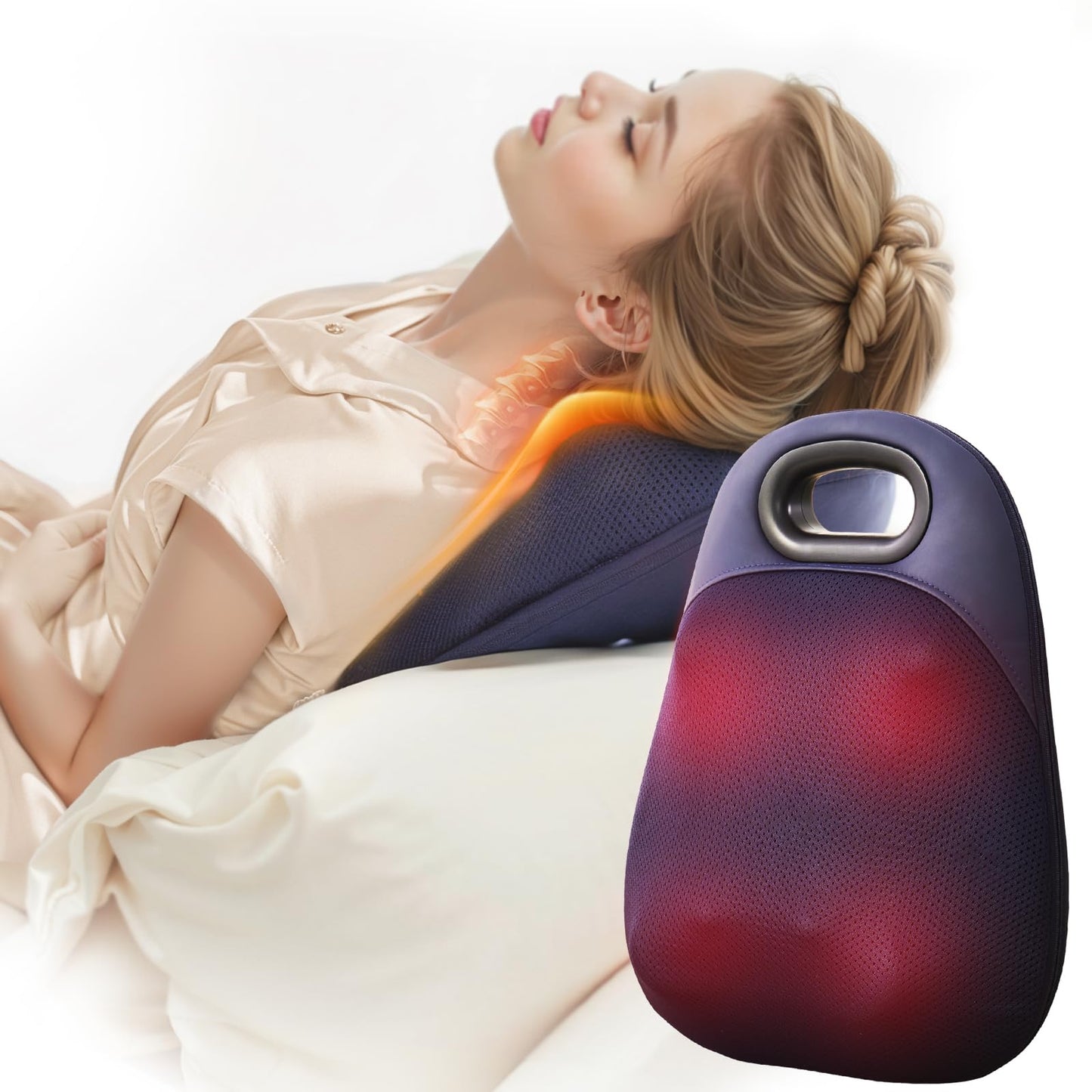 Shiatsu Neck and Back Massager,with Heating and Bidirectional Rotation Heads,4D Electric Massage Pillow with 4 Nodes,Neck Back Shoulder Foot Pain Relief, Portable & Rechargeable, Holiday Gift