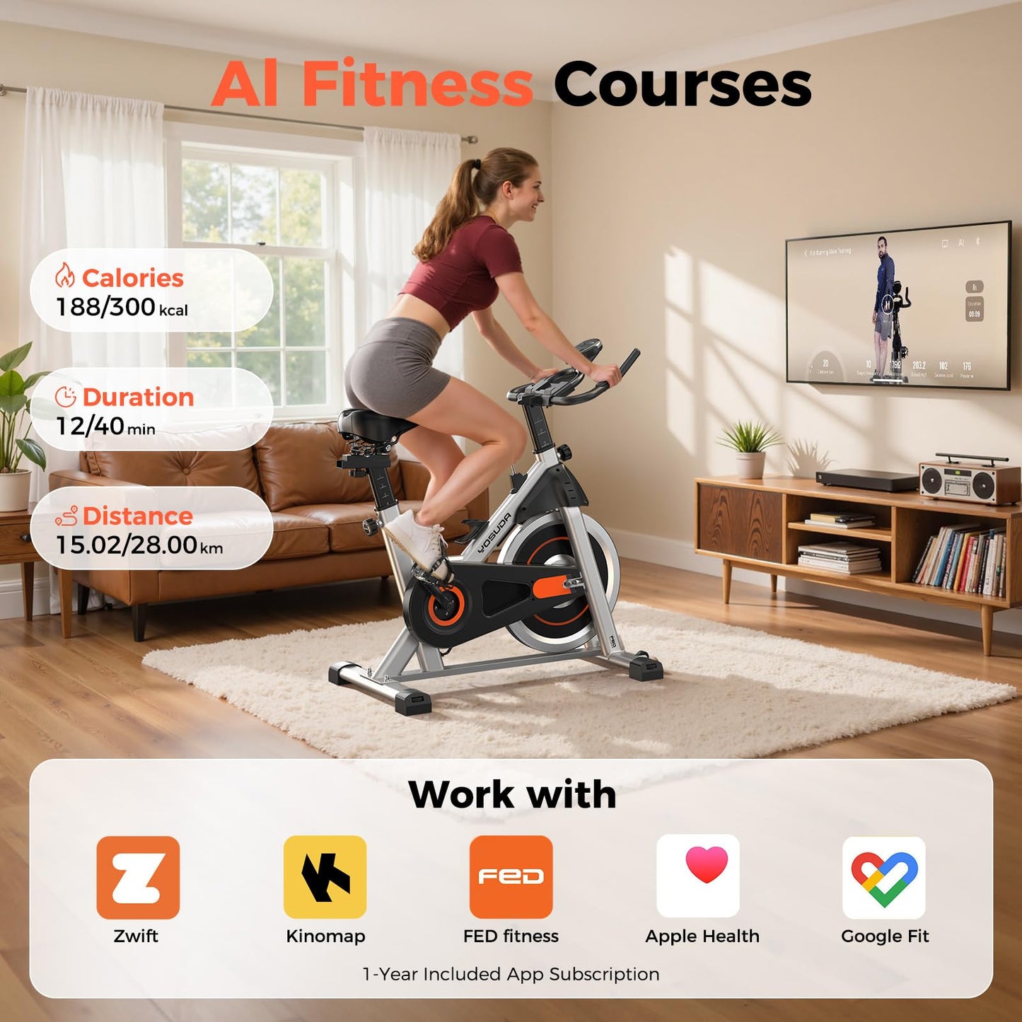 YOSUDA Exercise Bike, Brake Pad Stationary Bike for Home with Exclusive App, Magnetic Indoor Cycling Bike with 300 lb Weight Capacity, Low Noise, Tablet Holder and Fitness Courses for Weight Loss