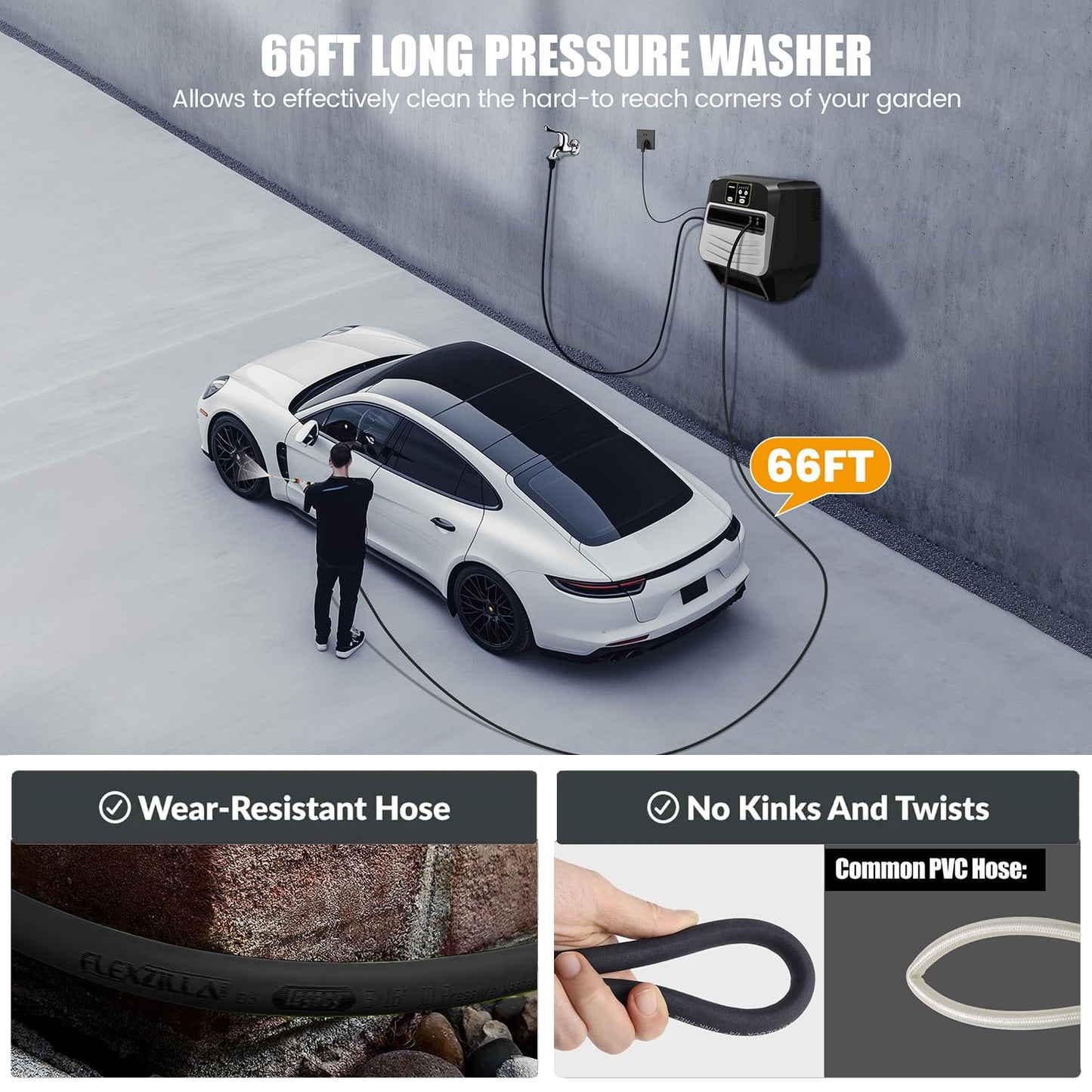 commowner 5500PSI Pressure Cleaner Wall Mounted Power Cleaner with 66ft Retractable Pressure, Black