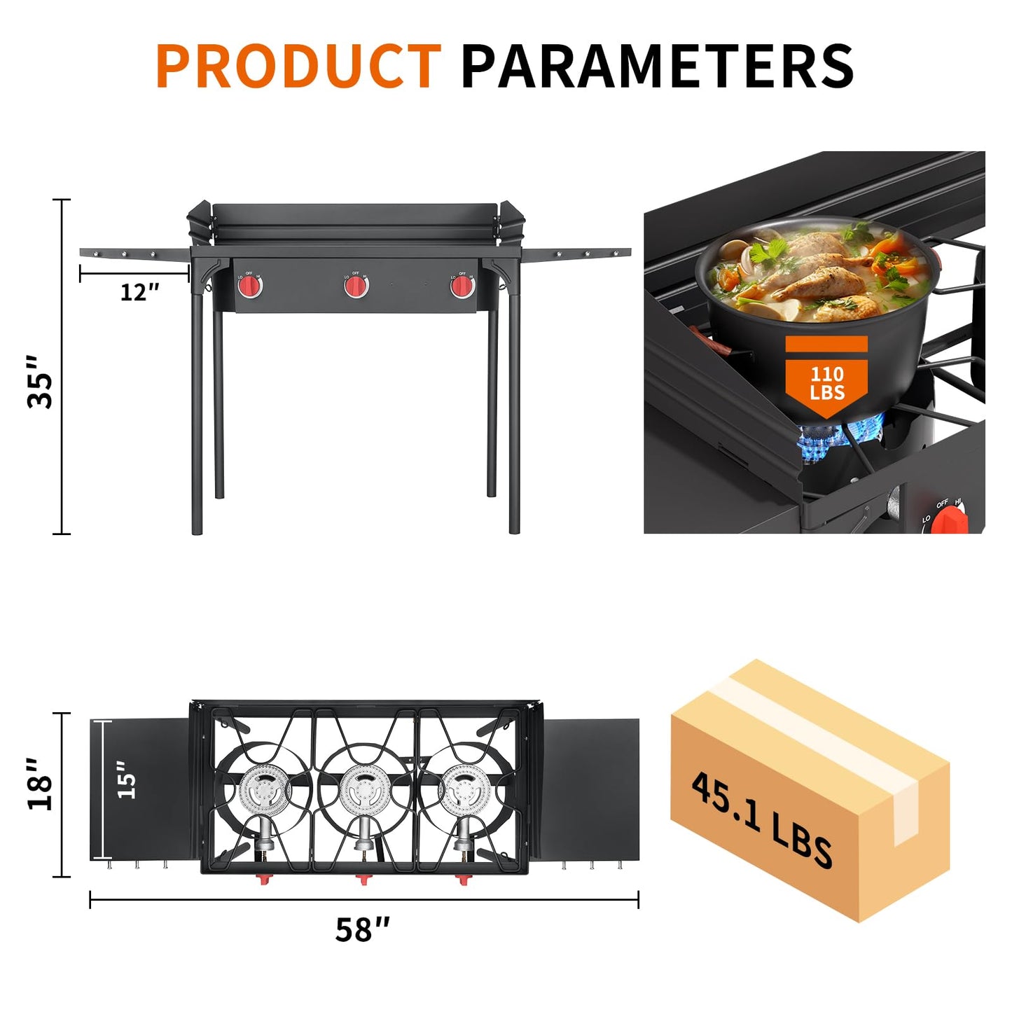 SKOK 3 Burners Portable Propane Stove with Wind Panel&Side Shelves, Camping Propane Stove, Outdoor Stove for Camping