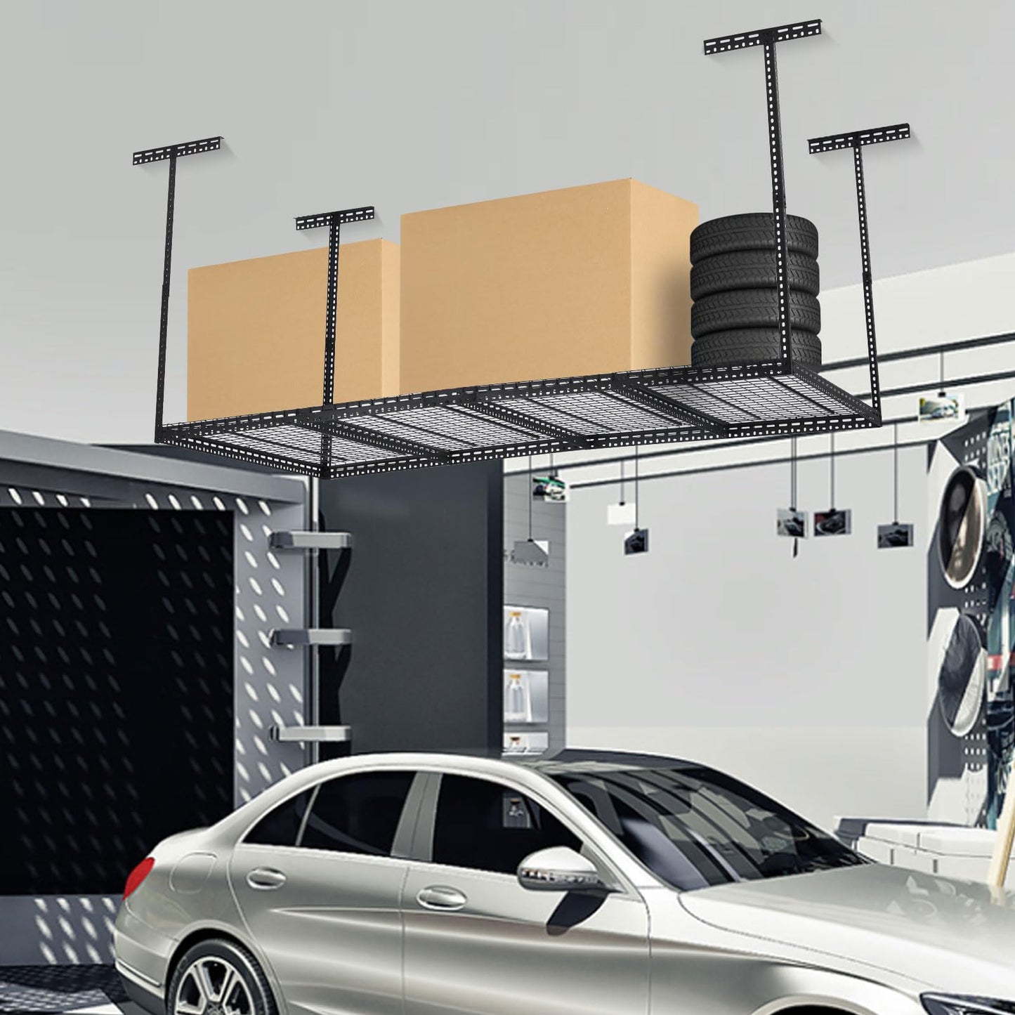 GarveeTech 4x8 FT Overhead Garage Storage Rack, 22"-40" Height Adjustable Ceiling Storage Rack 330lbs Weight Capacity, Heavy Duty Metal Hanging Storage Shelves for Garage (Black, Vertical Post x 4)