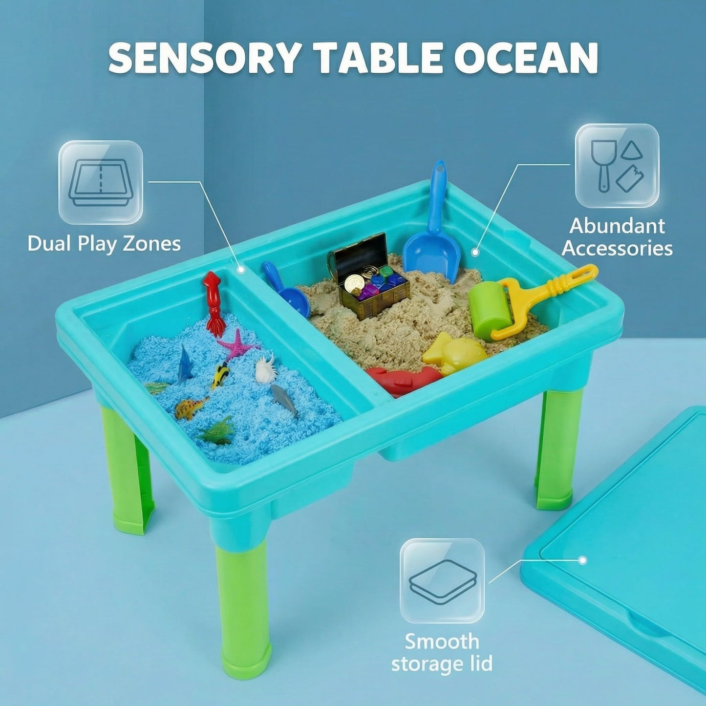 Carolart Ocean Sensory Table with Sands, Bin with Lid, Indoor Outdoor Use, Sand Art Kit for Boys and Girls, Toys for Toddlers Age 3-5, 17x11.5x10.2 Inches