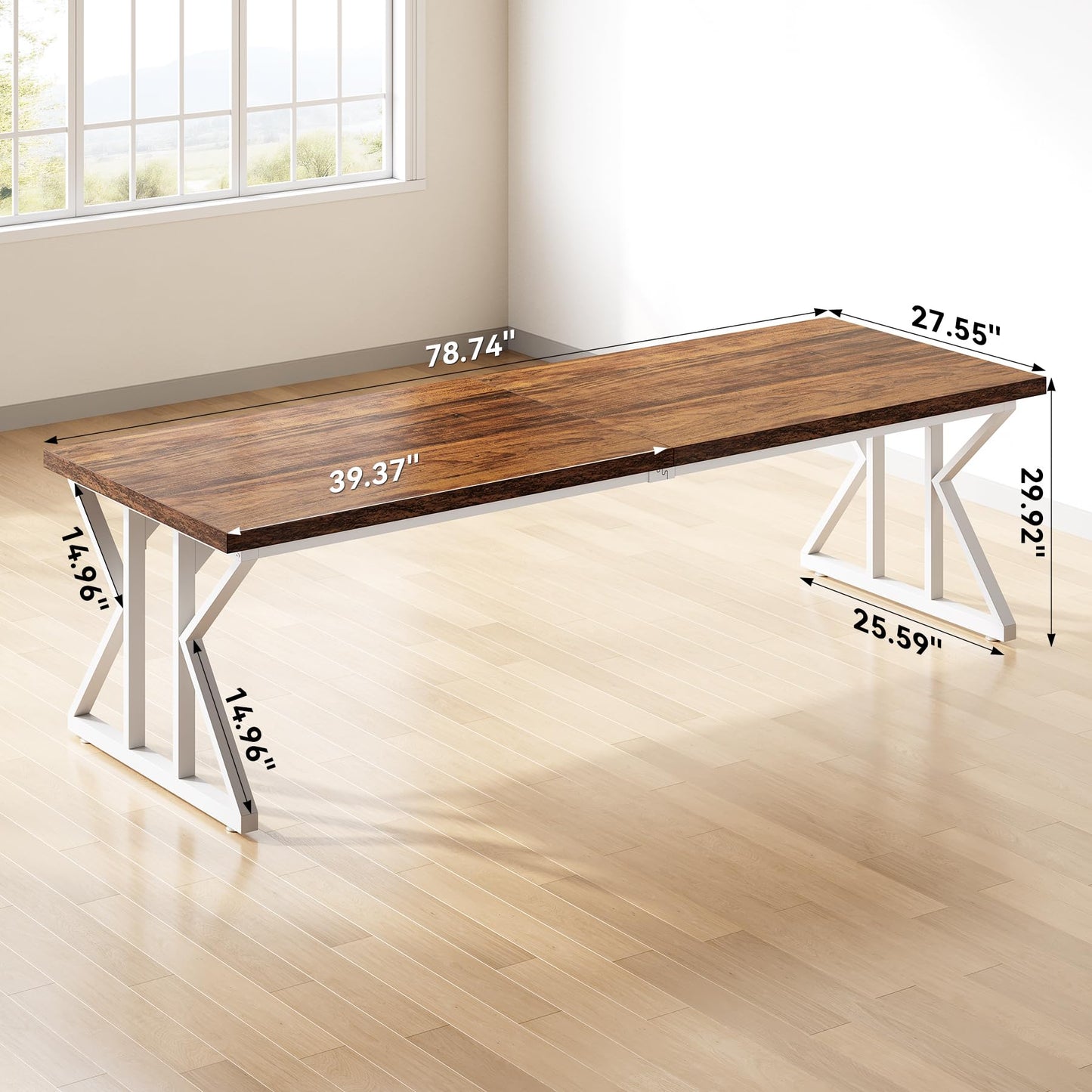 LITTLE TREE 78.7 Inch Large Executive Desk, Modern Computer Office Desk, Wooden Writing Desk Study Table for Home Office, Rustic Brown-White
