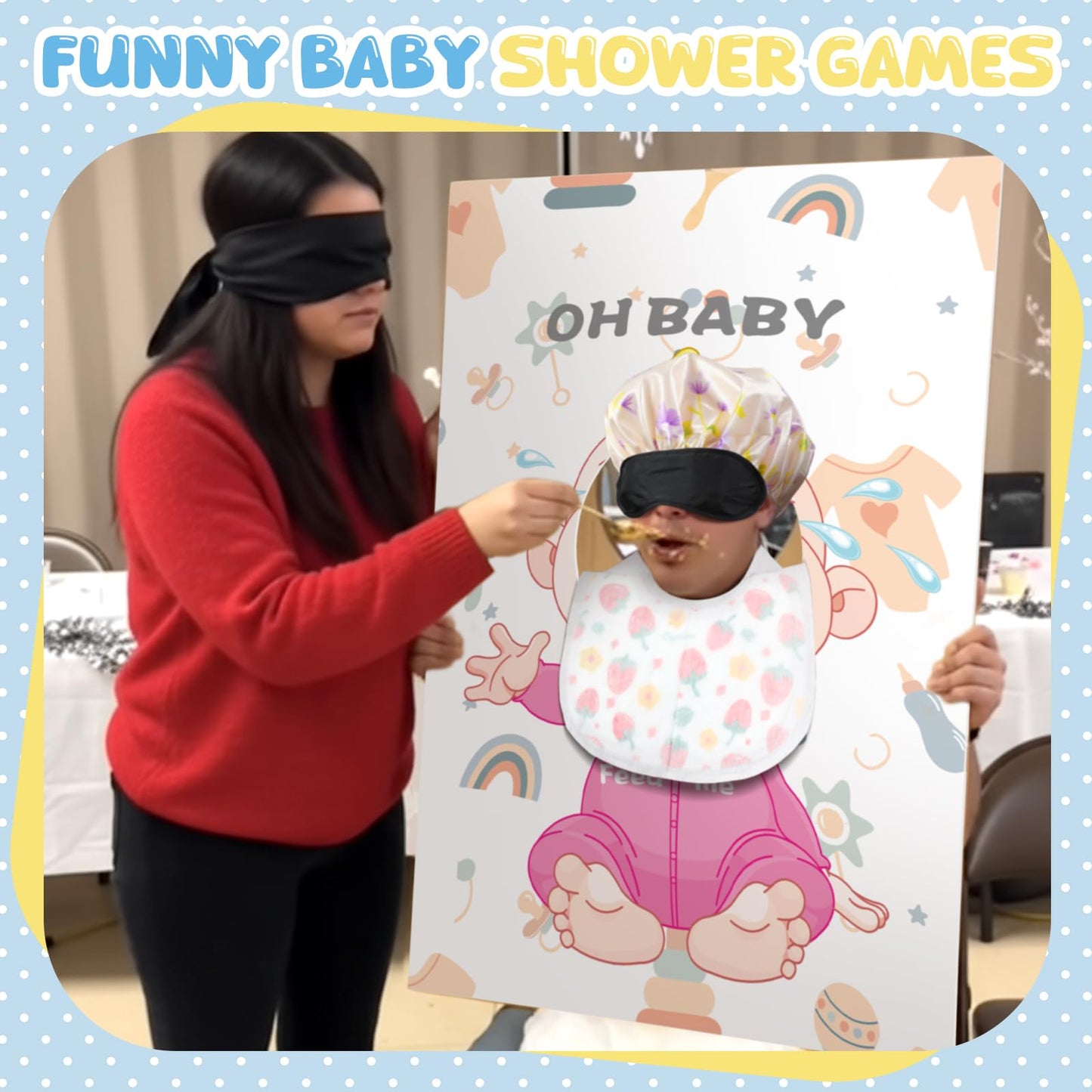 Liitrsh 6 Sets Funny Blindfolds Baby Shower Games Feed Me Baby Shower Games Set Include Eye Mask Bib Spoon Diaper Cap Foam Board Gender Reveal Activities Play for Guests Gender Reveal Party Favor