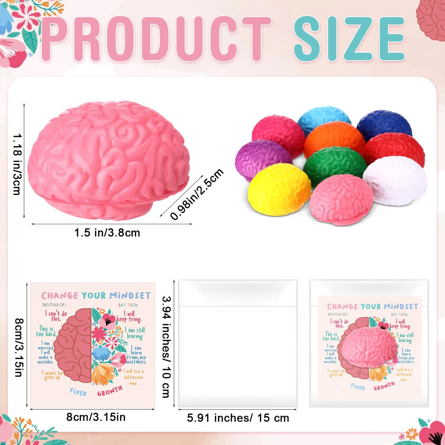 Hollowfly 100 Set Growth Mindset Gift Brain Stress Balls Bulk with Motivational Cards Back to School Stress Balls Gifts Funny Relief Toy for Students Classroom Employee Appreciation for Coworker