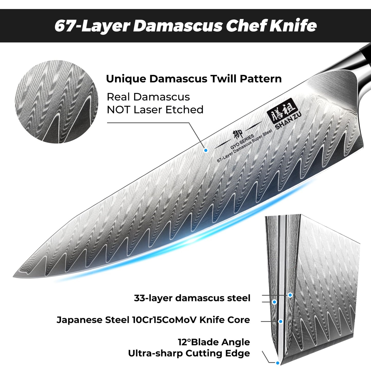 SHAN ZU Damascus Kitchen Knife Set, 7-Piece Professional Knife Sets for Chefs, Japanese 10Cr15CoMoV Super Steel With G10 Handle Knife Block Set, GYO Series