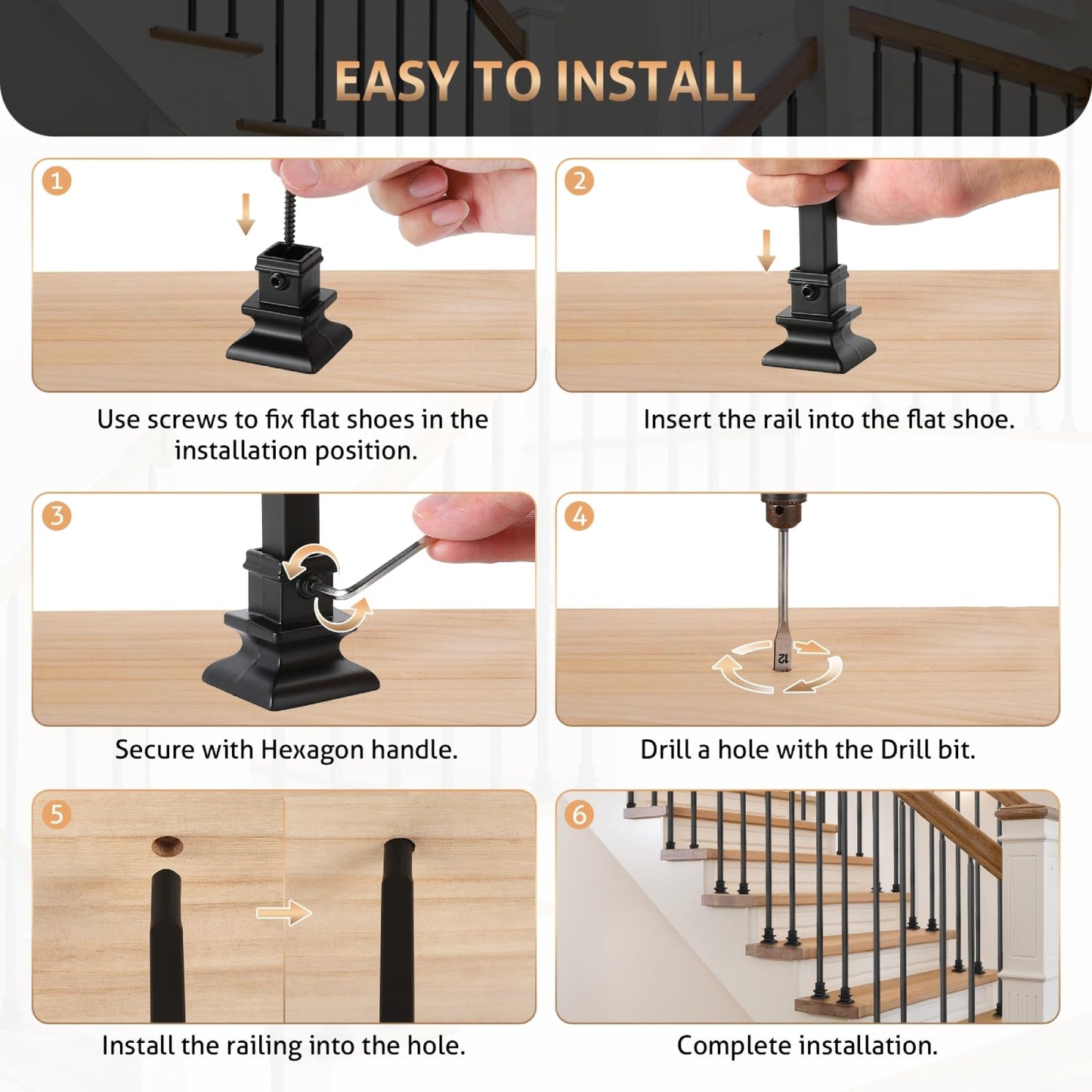 WICHEMI 32 Pack Stair Balusters Indoor, 44" x1/2" Iron Balusters for Staircase, Square Straight Stair Spindles Iron Black with Baluster Plate Shoes