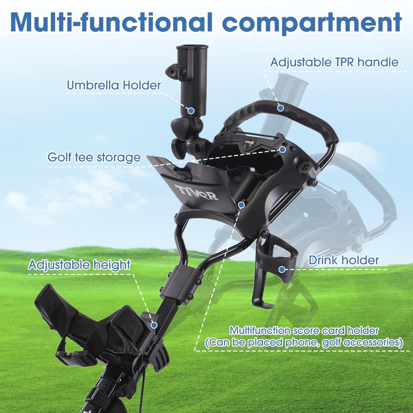 3 Wheel Golf Push Cart,Lightweight Golf Pull Cart with Quad-Fold Frame,and Cleaning Kit Golf,Cooler Bag,Cup/Phone/Umbrella Holder Compact Golf cart-black