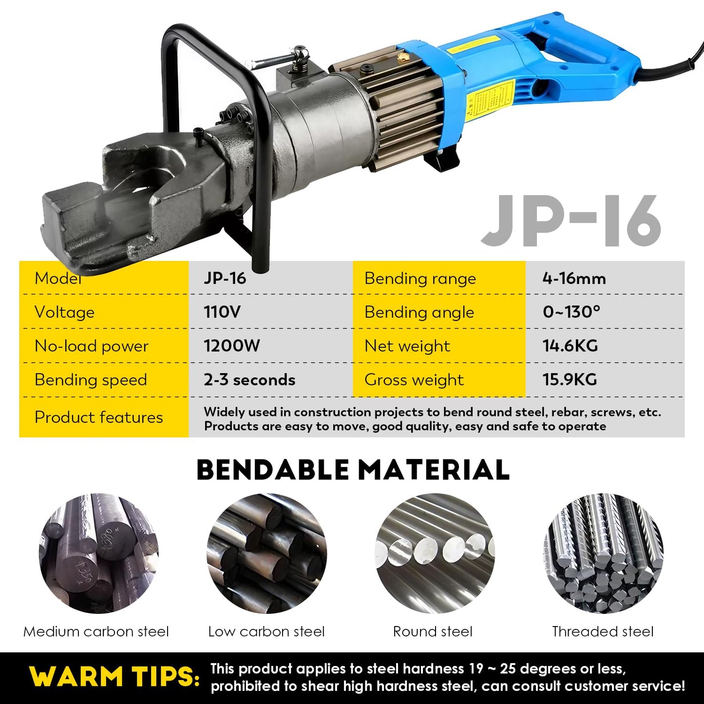 CGOLDENWALL 5/8" 16mm Electric Rebar Bender 1200W Handheld Rebar Steel Bending Machine for Bending Rebar Steel Rod
