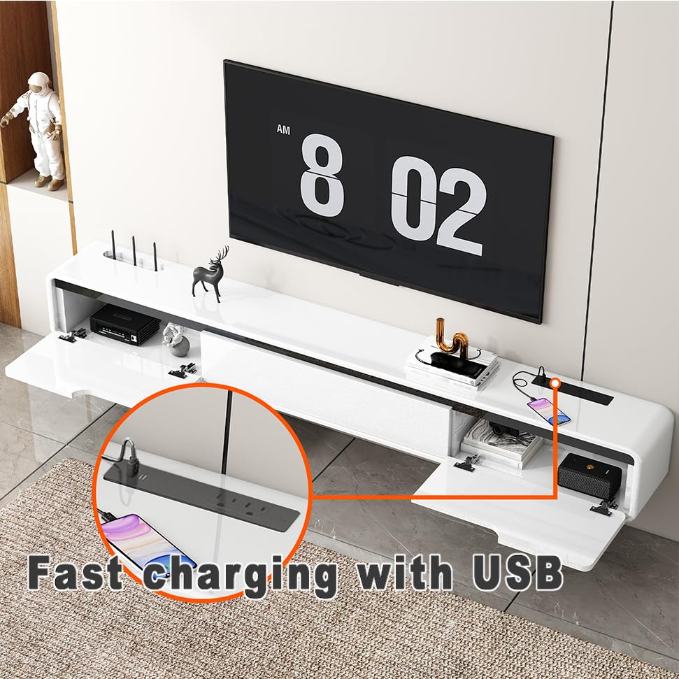Fully Assembled 71inch High Gloss Floating TV Stand No Assembly with Fast Charging USB Wall Mounted TV Cabinet Piano Lacquer TV Cabinet with 3 Doors Easy To Clean For Living Room Bedroom (White)