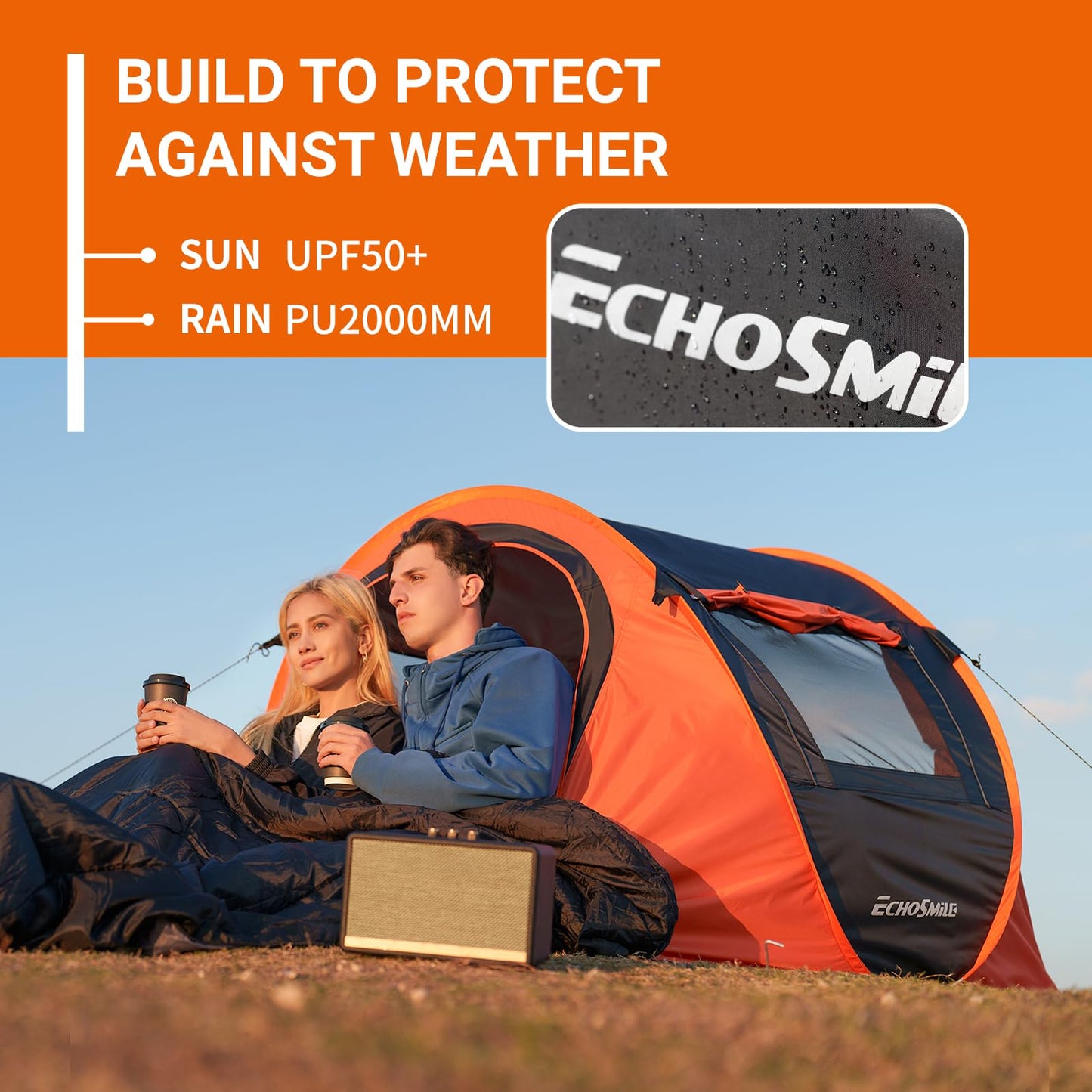 EchoSmile Instant Pop Up Camping Tent, 2 Person Easy Setup Tent, Water Resistant Dome, Portable with Carry Bag(Black & Orange,2 Person)