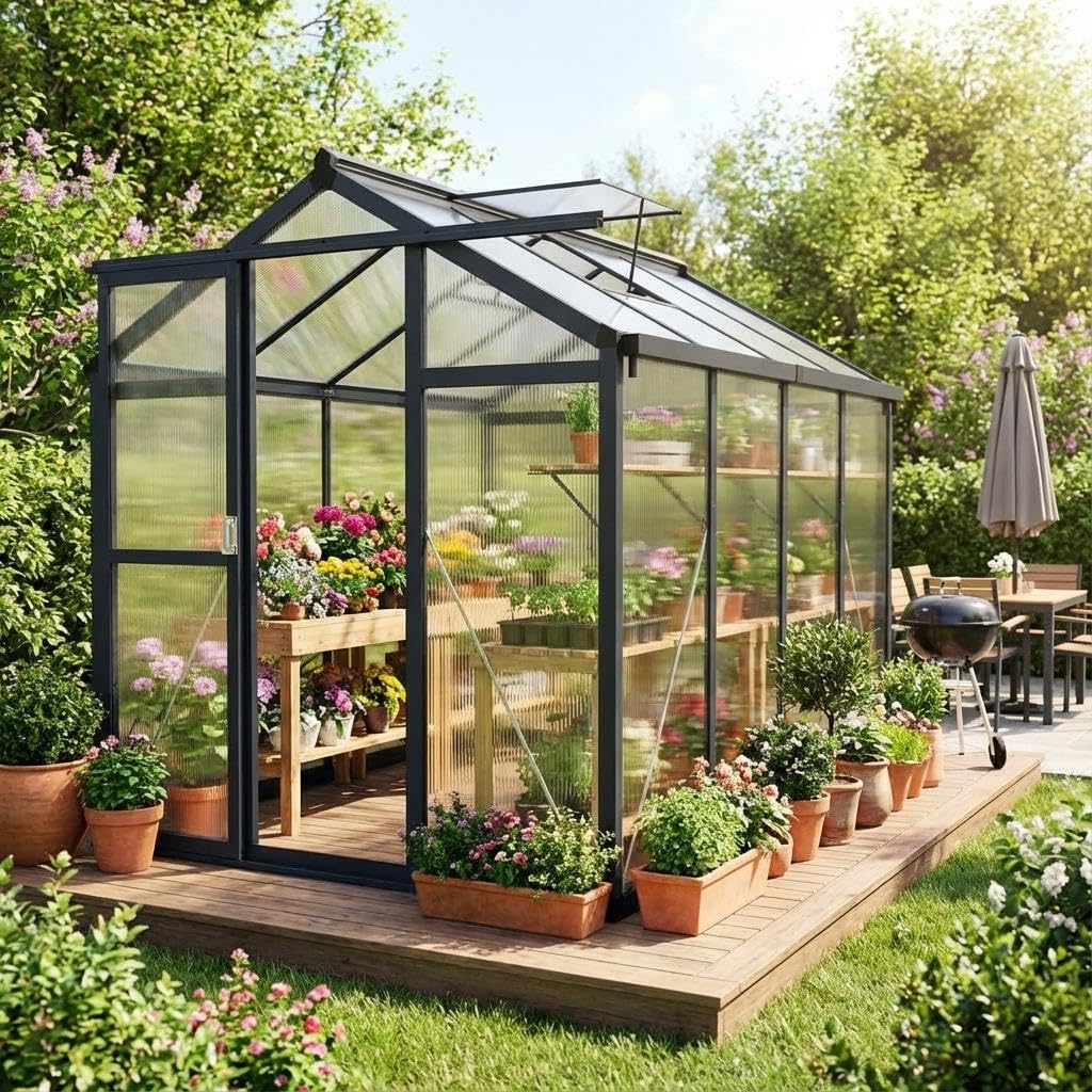 6x8 FT Greenhouse, Polycarbonate Walk-in Greenhouse for Outdoors with Roof Vent & Lockable Smooth-Gliding Sliding Door, Heavy-Duty Aluminum Green House for Garden, Backyard, Patio, Lawn, Dark Grey