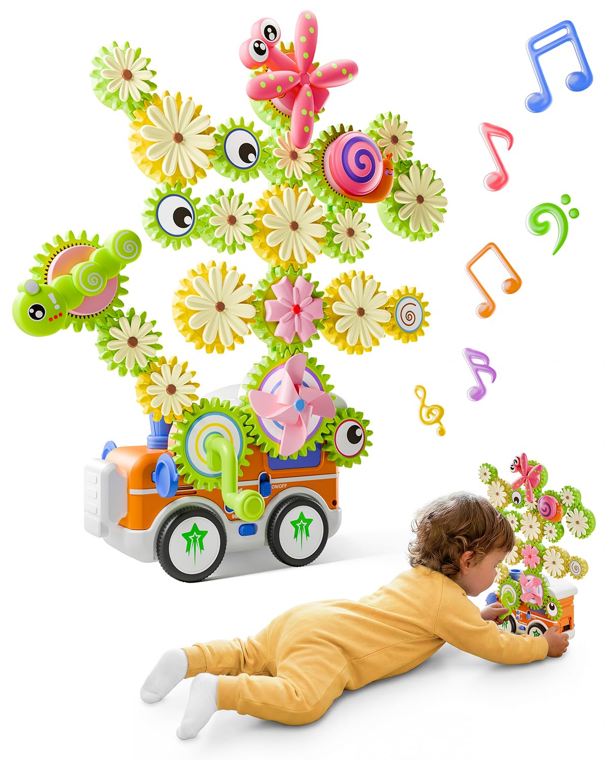 LIGHTDESIRE Montessori Toys for Toddlers 3 4 5 6 Years Old,Musical Baby Toy Train Electric Rotating Gear Flower Building Blocks Toddler Toys,Stem Toy DIY Assembly Birthday Gifts Baby Boy Girl