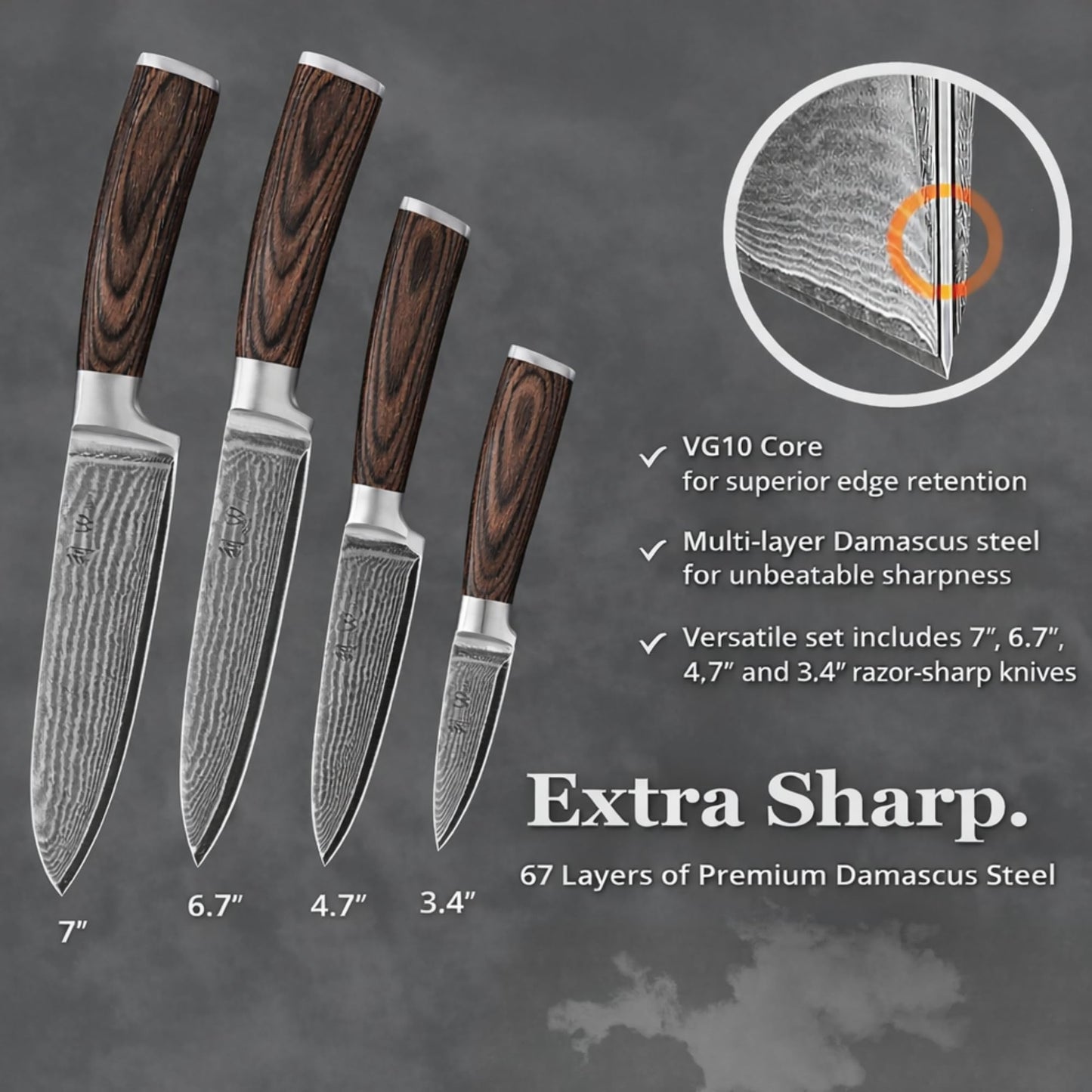 Wakoli EDIB 4-Piece Damascus Knife Set – Professional Chef Knives Set with VG10 Core Blades, 67-Layer Damascus Steel and Ergonomic Pakkawood Handles – Premium Kitchen Knives in Elegant Gift Box
